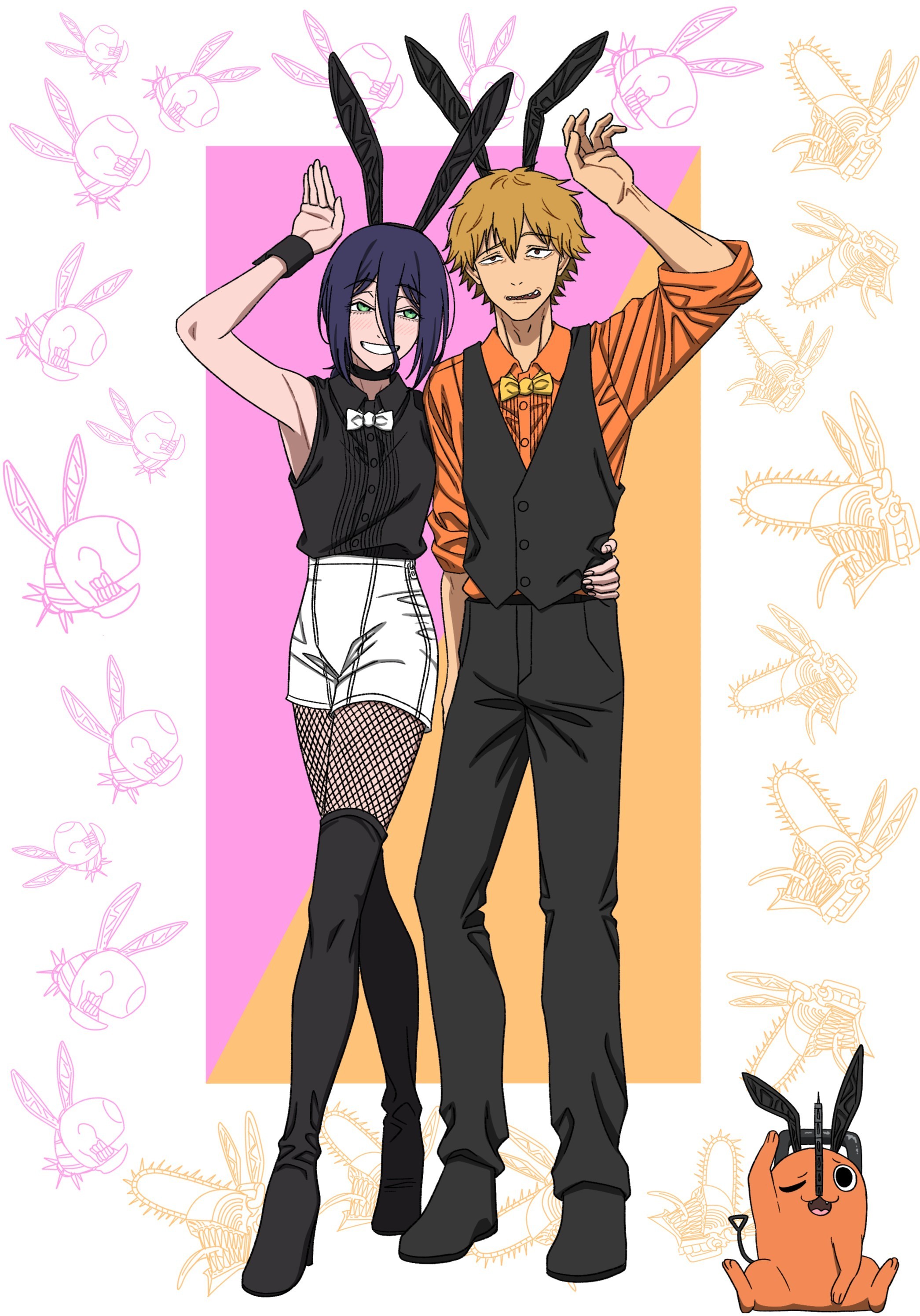 denji (chainsaw man), pochita (chainsaw man), reze (chainsaw man), chainsaw man, absurdres, commentary request, highres, 1girl, 2boys, amai (frfs5423), animal ear hairband, animal ears, black vest, bow, bowtie, chainsaw, choker, collared shirt, creature, fake animal ears, fishnets, green eyes, grenade pin, hair between eyes, hair bun, hairband, handle, long hair between eyes, long sleeves, multiple boys, pet, playboy bunny, pull cord, rabbit ear hairband, rabbit ears, sharp teeth, shirt, shirt tucked in, single hair bun, sleeveless, teeth, vest, white bow, white bowtie, wrist cuffs, yellow bow, yellow bowtie