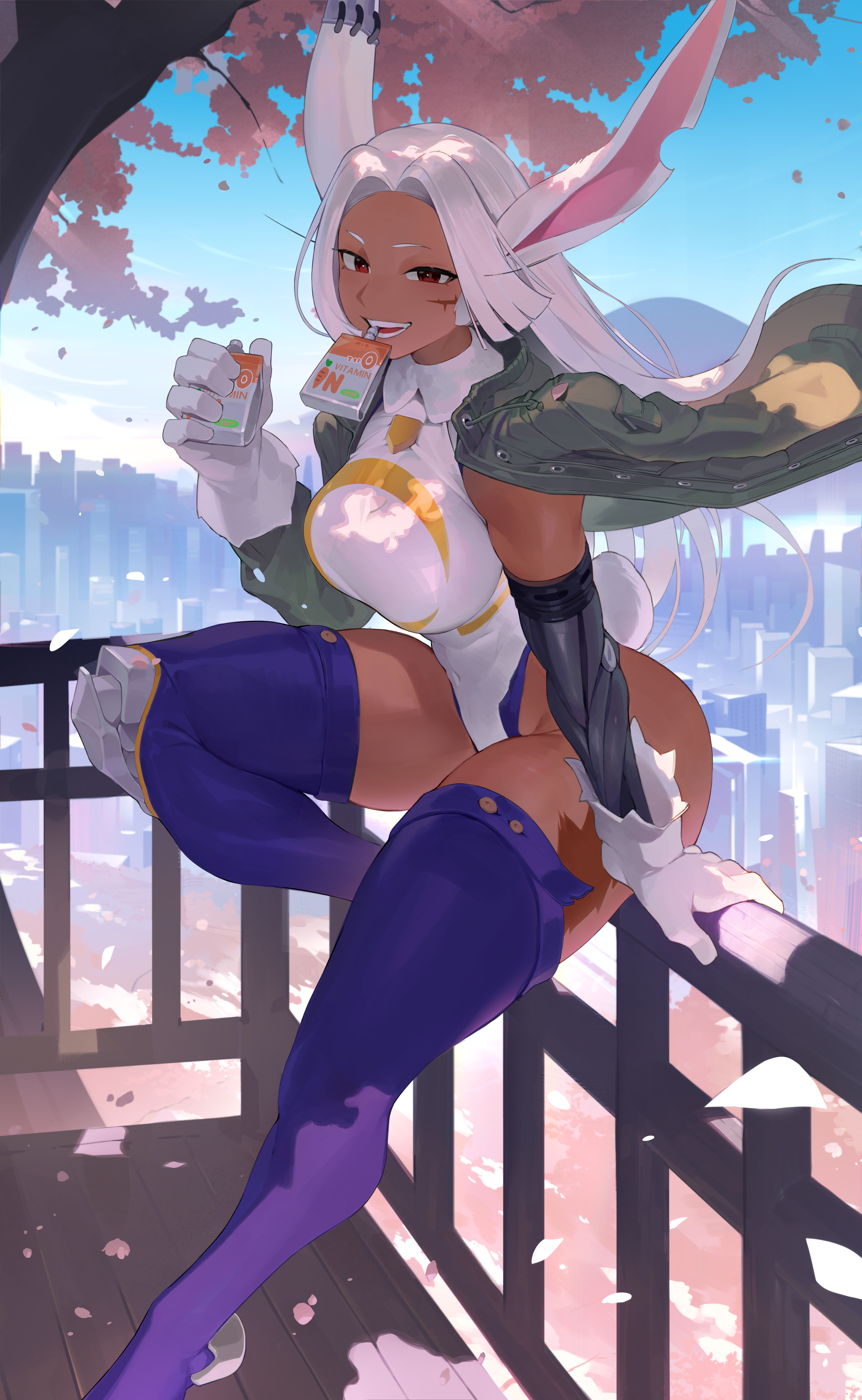 kopam, mirko, boku no hero academia, absurdres, commentary, commission, english commentary, highres, korean commentary, mixed-language commentary, 1girl, animal ears, blue sky, breasts, cherry blossoms, cityscape, collared leotard, covered navel, crescent print, dark-skinned female, dark skin, drink carton, falling petals, gloves, green jacket, hand on railing, hand up, highleg, highleg leotard, holding, holding juice box, jacket, jacket on shoulders, juice box, knee up, large breasts, leotard, long eyelashes, long hair, looking at viewer, mechanical arms, mechanical ears, mechanical legs, mouth hold, notched ear, on railing, parted bangs, petals, purple thighhighs, rabbit ears, rabbit girl, rabbit tail, railing, red eyes, scar, scar on leg, scarf, single mechanical arm, single mechanical leg, sitting, sky, smile, solo, tail, taut leotard, thick thighs, thighhighs, thighs, toned, toned female, tree, very long hair, white gloves, white hair, white leotard