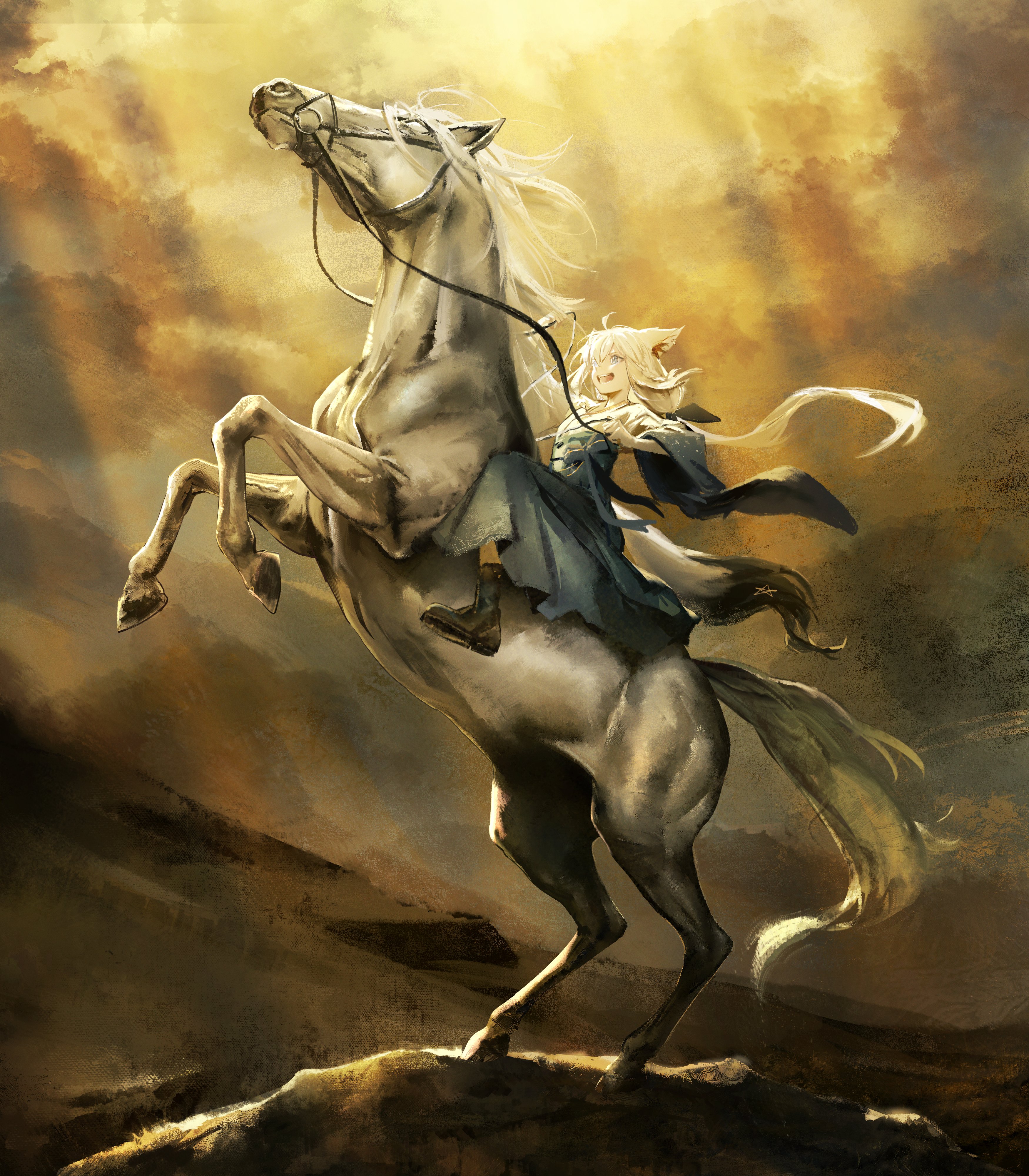 hyde (tabakko), shirakami fubuki, shirakami fubuki (new year), hololive, napoleon crossing the alps, absurdres, commentary, english commentary, highres, 1girl, ahoge, alternate costume, animal ear fluff, animal ear piercing, animal ears, aqua eyes, black boots, black tail, blue hakama, blue sash, boots, braid, crossed bangs, double-parted bangs, earrings, extra ears, fox ears, fox girl, fox tail, gradient clothes, gradient kimono, hakama, horse, horseback riding, japanese clothes, jewelry, kimono, long hair, low-tied long hair, multicolored tail, obi, pentagram, riding, sash, side braid, sidelocks, single braid, single earring, solo, tail, virtual youtuber, white hair, white kimono, white tail