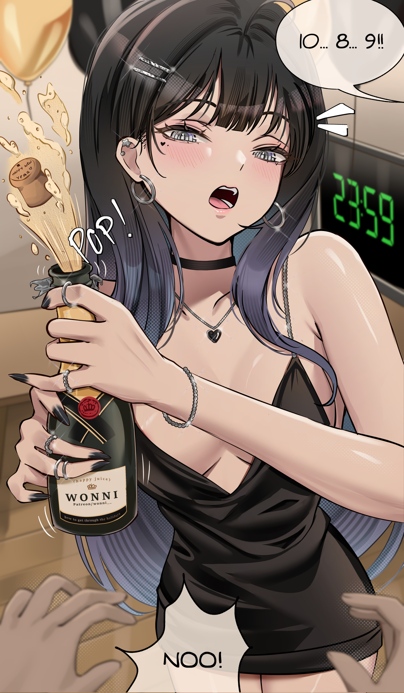 wonnikon, nabi (wonnikon), original, absurdres, highres, 1girl, black choker, black dress, black hair, blue eyes, breasts, champagne bottle, choker, clock, cork popping, digital clock, dress, ear piercing, earrings, english text, facial mark, heart, heart facial mark, heart on cheek, heart pendant, jewelry, long hair, looking at viewer, medium breasts, mole, mole under eye, open mouth, piercing, pov, segment display, solo focus, speech bubble, typo