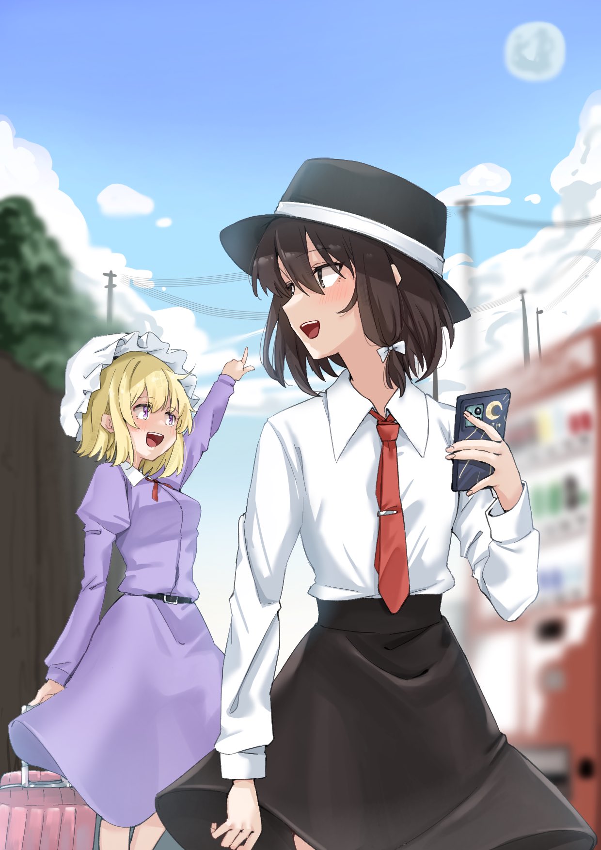 otsu toho, maribel hearn, usami renko, touhou, commentary request, highres, 2girls, belt, black hat, black skirt, blonde hair, blurry, blurry background, blush, bow, brown eyes, brown hair, cellphone, cloud, collared dress, collared shirt, cowboy shot, day, dress, hair bow, hat, long sleeves, looking at another, medium hair, mob cap, moon, multiple girls, neck ribbon, necktie, open mouth, phone, pointing, pointing up, power lines, purple dress, purple eyes, red necktie, red ribbon, ribbon, rolling suitcase, shirt, shirt tucked in, skirt, smartphone, suitcase, teeth, tie clip, tree, turning head, upper teeth only, utility pole, vending machine, white bow, white shirt, wingtip collar