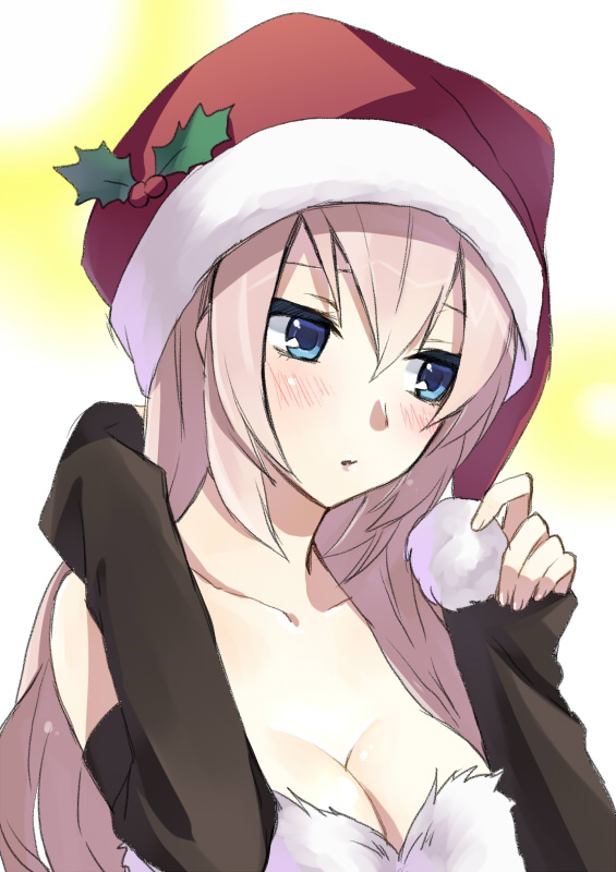 hijiki (hijikini), hijikini, megurine luka, vocaloid, looking away, bad id, bad pixiv id, 1girl, averting eyes, blue eyes, blush, breasts, cleavage, detached sleeves, female focus, fidgeting, hat, large breasts, long hair, pink hair, santa hat, shy, sleeves past wrists, solo