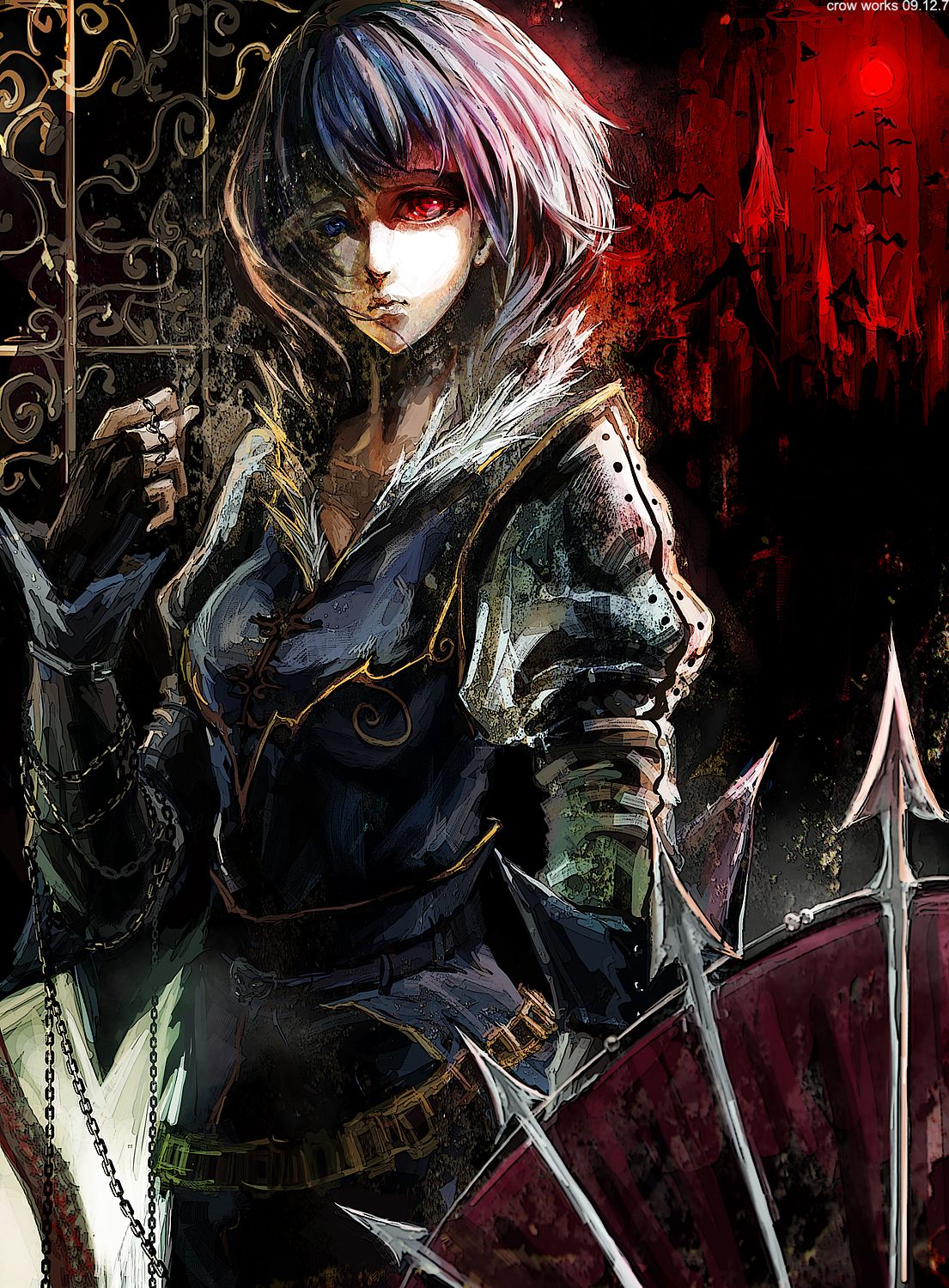 crowdesu, tatara kogasa, touhou, bad id, bad pixiv id, highres, 1girl, armor, bat (animal), breastplate, chain, female focus, fingerless gloves, gloves, heterochromia, scarlet devil mansion, solo, umbrella