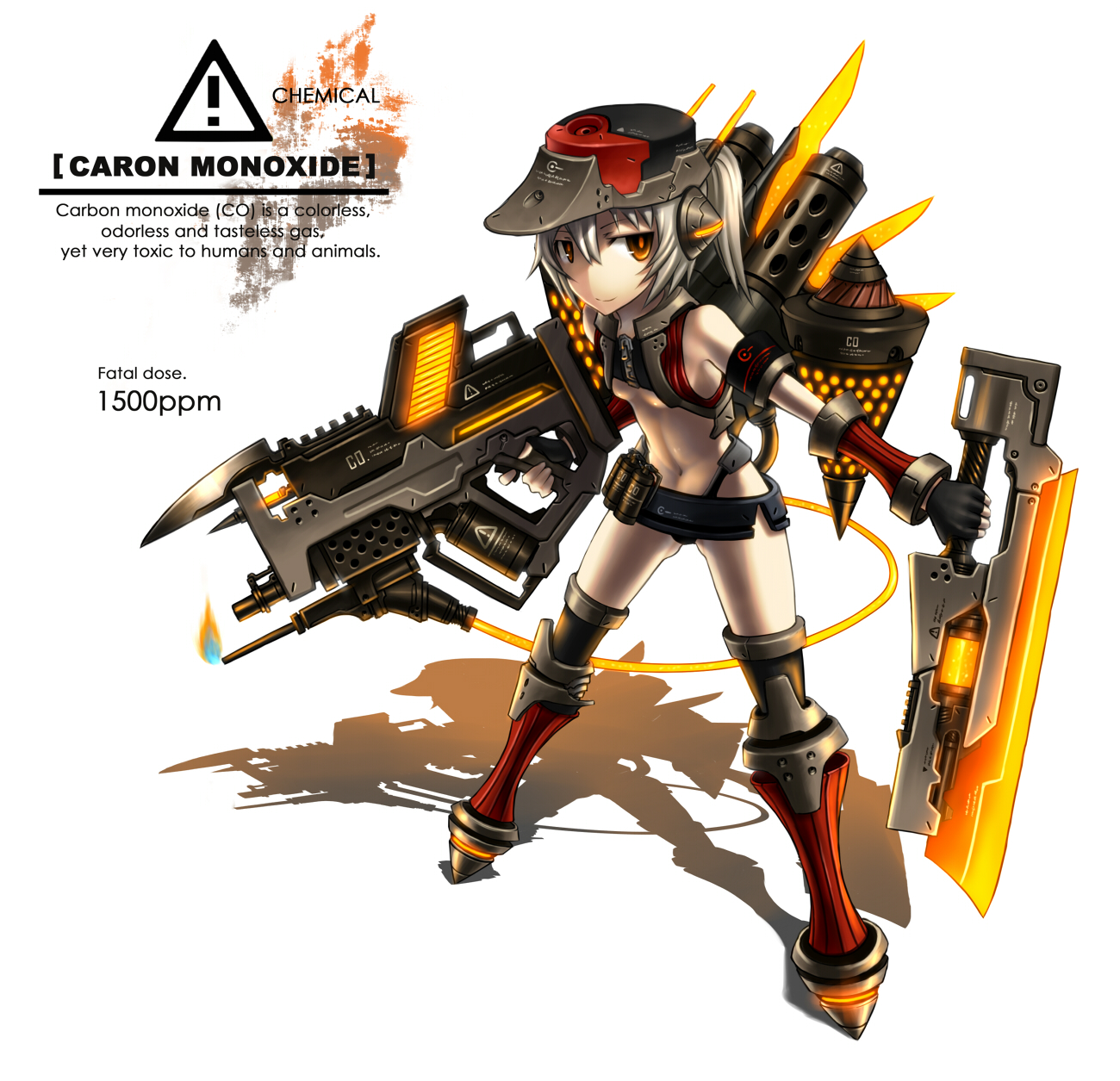 gia, carbon monoxide (gia), original, silver hair, highres, 1girl, armband, armor, black panties, breasts, brown eyes, cyborg, detached sleeves, dual wielding, english text, engrish text, female focus, fingerless gloves, flamethrower, flat cap, flat chest, gloves, glowing, gun, hair ornament, hat, holding, huge weapon, mecha musume, midriff, navel, neon trim, orange eyes, panties, personification, ponytail, ranguage, shadow, short hair, small breasts, smile, solo, sword, thighhighs, typo, underbarrel flamethrower, underboob, underwear, weapon, zipper
