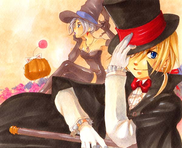 yatoyaniwa, moogle, ruby (ff9), zidane tribal, final fantasy, final fantasy ix, 00s, 1boy, 1girl, bare shoulders, blonde hair, blue eyes, cane, cloak, elbow gloves, gloves, halloween, hat, jewelry, long hair, necklace, pumpkin, purple eyes, purple hair, purple lips, thighhighs, top hat, witch hat