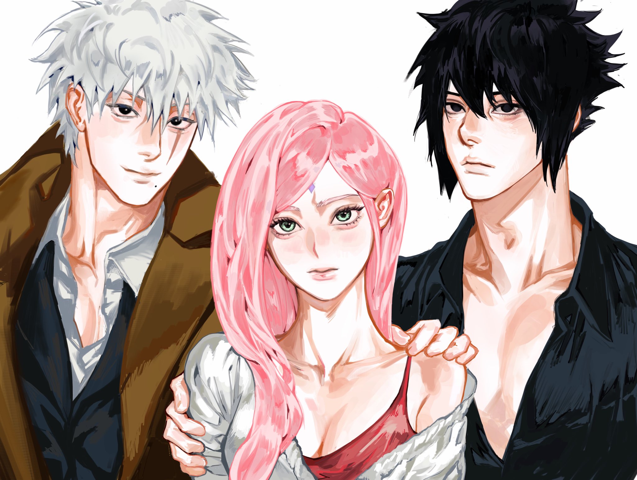 haruno sakura, hatake kakashi, uchiha sasuke, naruto: the last, naruto (series), commentary, english commentary, highres, 1girl, 2boys, aegyo sal, black eyes, black hair, breasts, brown coat, cleavage, coat, expressionless, facial mark, forehead mark, frown, green eyes, grey hair, hand on another's shoulder, long hair, medium breasts, meomeorrrr, mole, mole under mouth, multiple boys, off shoulder, pink hair, scar, scar across eye, scar on face, smile