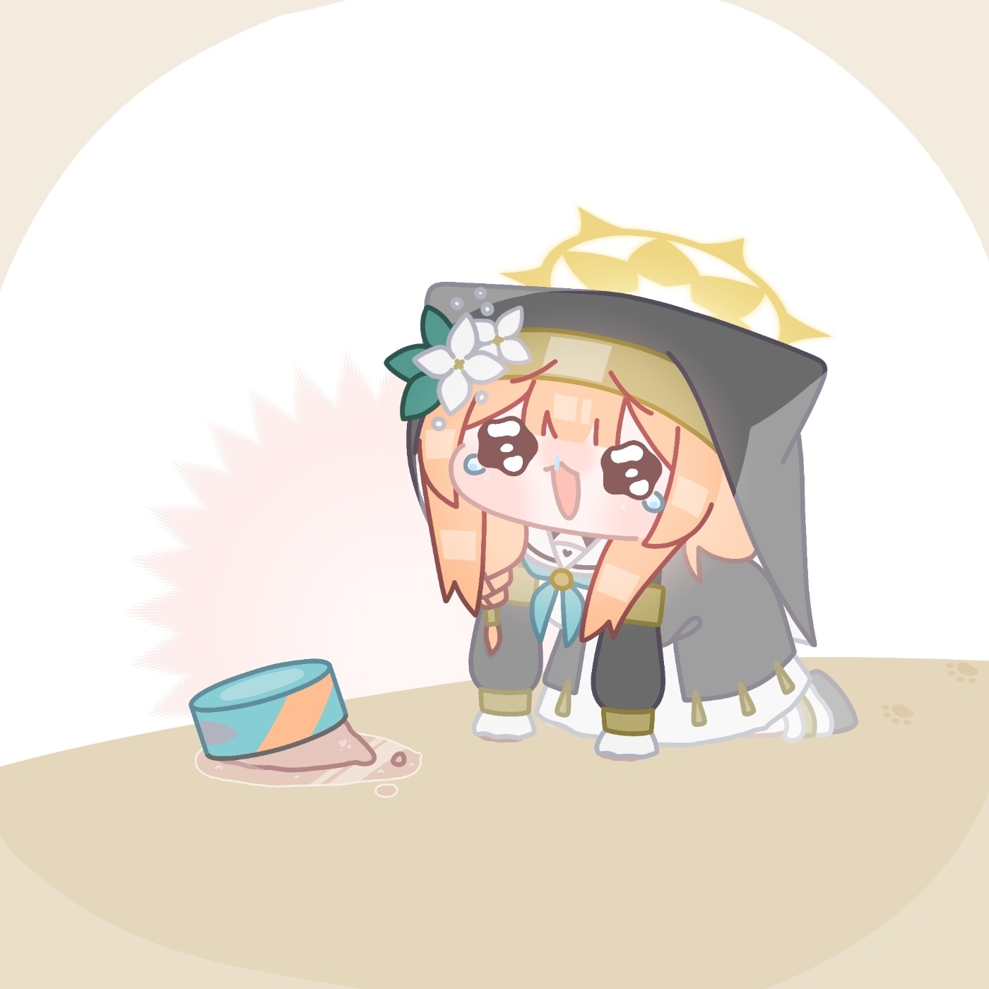 horuhara, mari (blue archive), blue archive, trickcal, commentary request, highres, 1girl, :3, all fours, animal ears, armlet, blue neckerchief, braid, cat ears, chibi, chibi only, coif, crying, crying with eyes open, dress, flower, hair between eyes, hair flower, hair ornament, halo, jewelry, long hair, long sleeves, looking at viewer, meme, neckerchief, nun, orange hair, parody, pet food, sailor collar, sailor dress, sidelocks, simple background, single braid, solo, speakiposting (meme), style parody, tears, white sailor collar, yellow halo