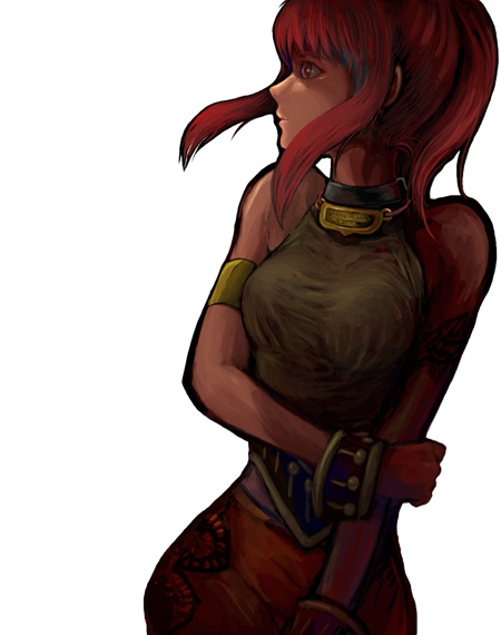 chikuana, karin koenig, shadow hearts, shadow hearts ii, 1girl, armband, bare shoulders, choker, female focus, long hair, miniskirt, ponytail, red eyes, red hair, simple background, skirt, solo, white background