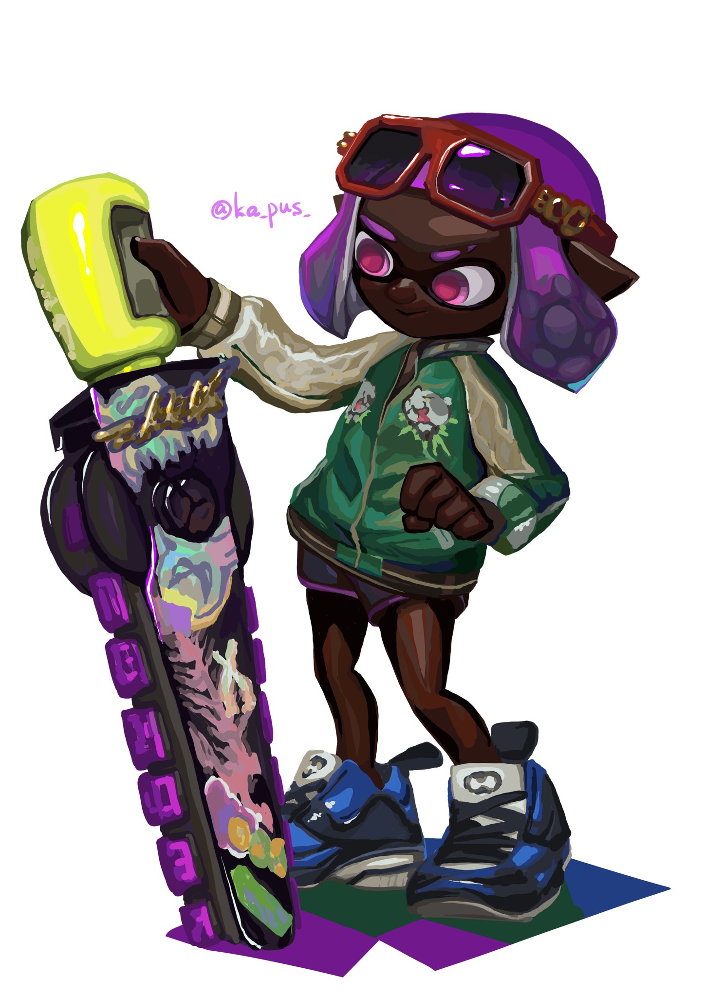 inkling girl, inkling player character, nintendo, splatoon (series), splatoon 3, commentary request, highres, 1girl, blue shoes, clenched hand, dark-skinned female, dark skin, eyewear on head, holding, holding weapon, inkling, jacket, ka pus, letterman jacket, pink eyes, pointy ears, purple hair, shoes, simple background, smile, solo, splatana stamper (splatoon), standing, tentacle hair, weapon, white background