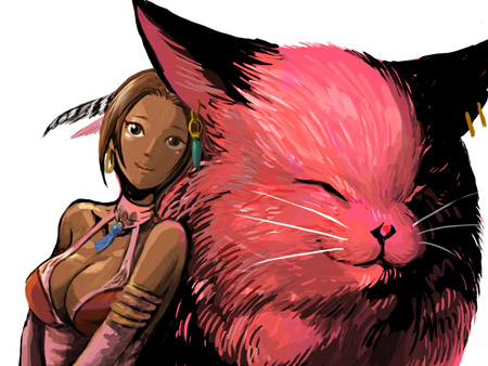 chikuana, andre (shadow hearts), lucia (shadow hearts), shadow hearts, shadow hearts ii, lowres, 1girl, ^ ^, armlet, bare shoulders, breasts, bridal gauntlets, brown eyes, brown hair, cat, cleavage, closed eyes, dark skin, detached sleeves, dress, earrings, feather hair ornament, feathers, hair ornament, hoop earrings, jewelry, large breasts, looking at viewer, pendant, short hair, side-by-side, simple background, smile, upper body, white background