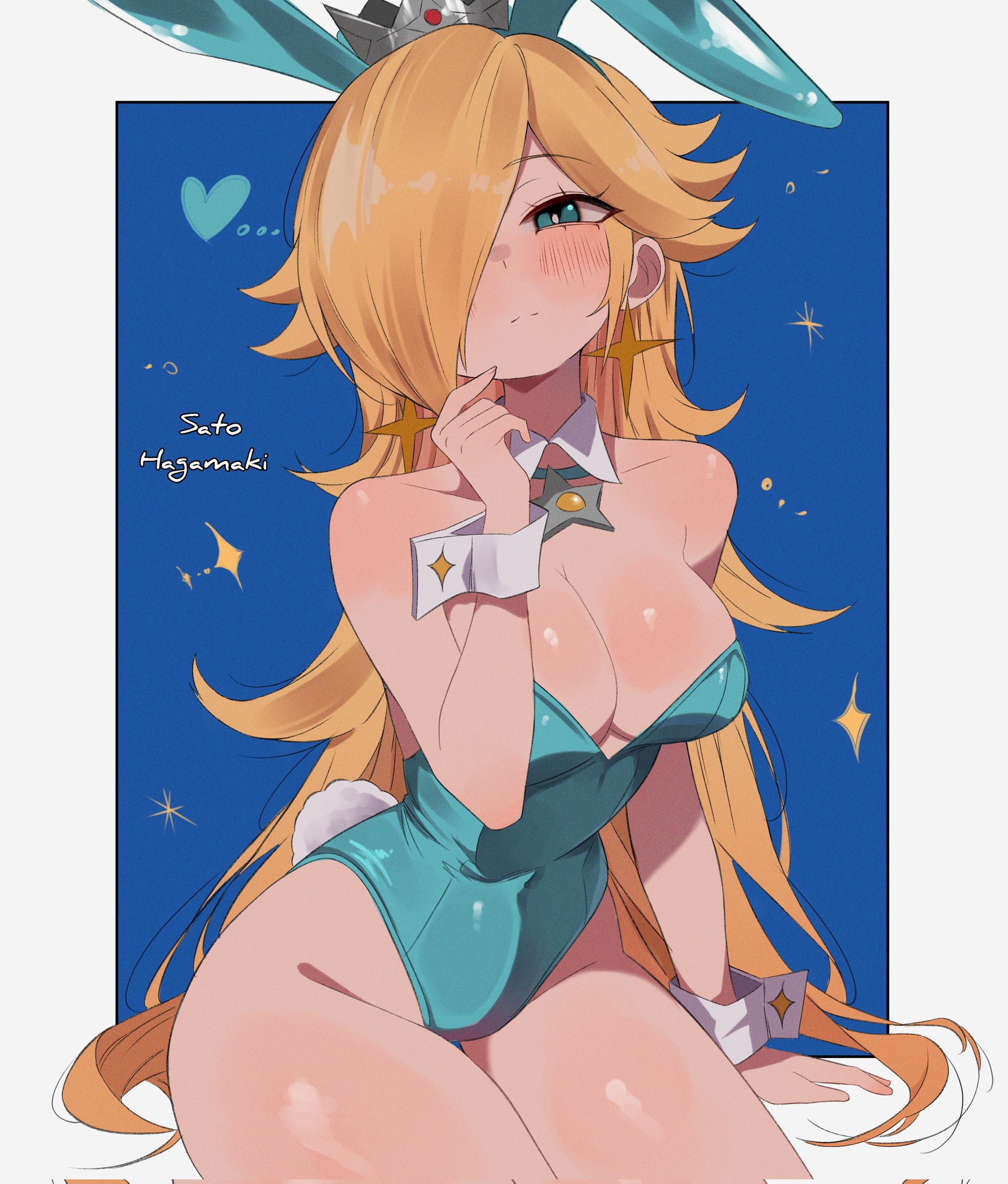 rosalina, mario (series), nintendo, commentary, english commentary, highres, 1girl, alternate breast size (larger), animal ears, arm support, artist name, bare shoulders, blonde hair, blue background, blue eyes, blue leotard, blush, border, breasts, closed mouth, covered navel, cowboy shot, crown, detached collar, earrings, fake animal ears, fake tail, fishnet pantyhose, fishnets, flipped hair, hair over one eye, hand up, heart, highleg, highleg leotard, jewelry, large breasts, leotard, long hair, looking at viewer, pantyhose, playboy bunny, rabbit ears, rabbit tail, sato hagamaki, silver crown, simple background, solo, star (symbol), star earrings, strapless, strapless leotard, tail, white border, white wrist cuffs, wrist cuffs