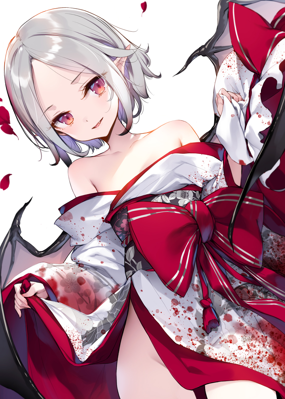 ke-ta, remilia scarlet, touhou, commentary request, highres, 1girl, bare shoulders, bat wings, blood, breasts, cleavage, collarbone, fang, floral print, floral print kimono, grey hair, japanese clothes, kimono, long sleeves, looking at viewer, new year, parted lips, petals, pointy ears, print kimono, red eyes, short hair, simple background, small breasts, solo, white background, white kimono, wings