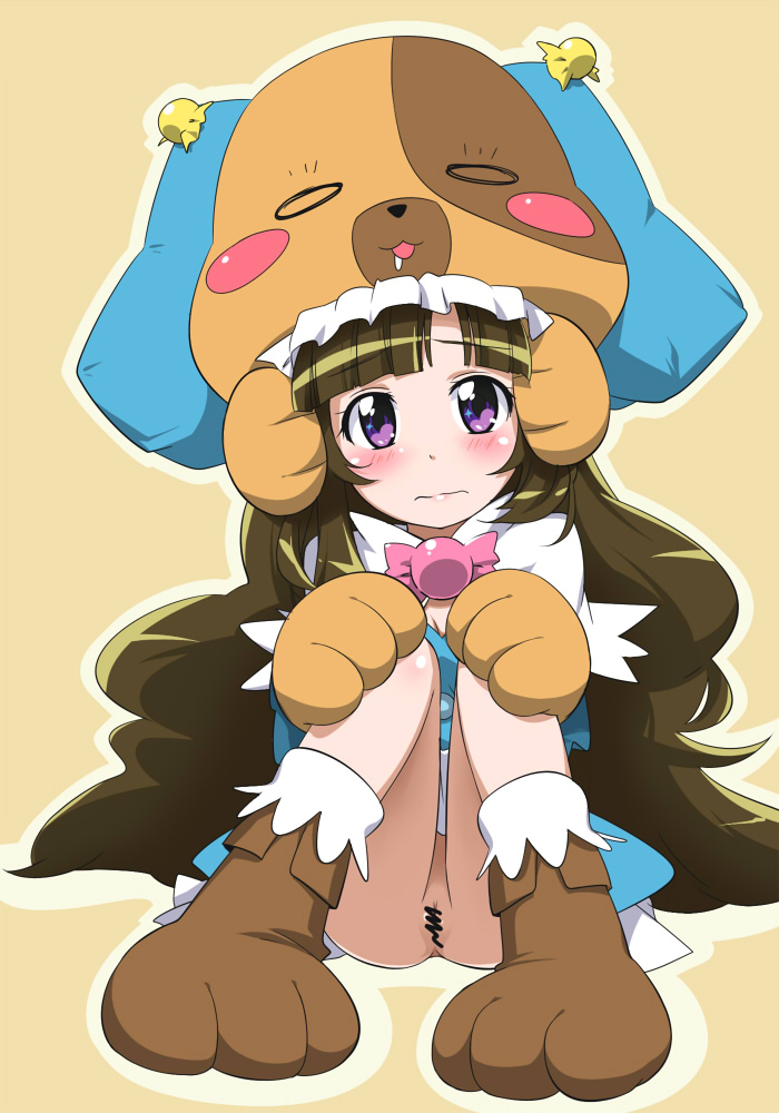 youkan, mikogami nagisa, anyamal tantei kirumin zoo, animal hands, animal hat, brown eyes, brown hair, censored, hat, loli, long hair, no panties, pussy, sitting, solo, very long hair