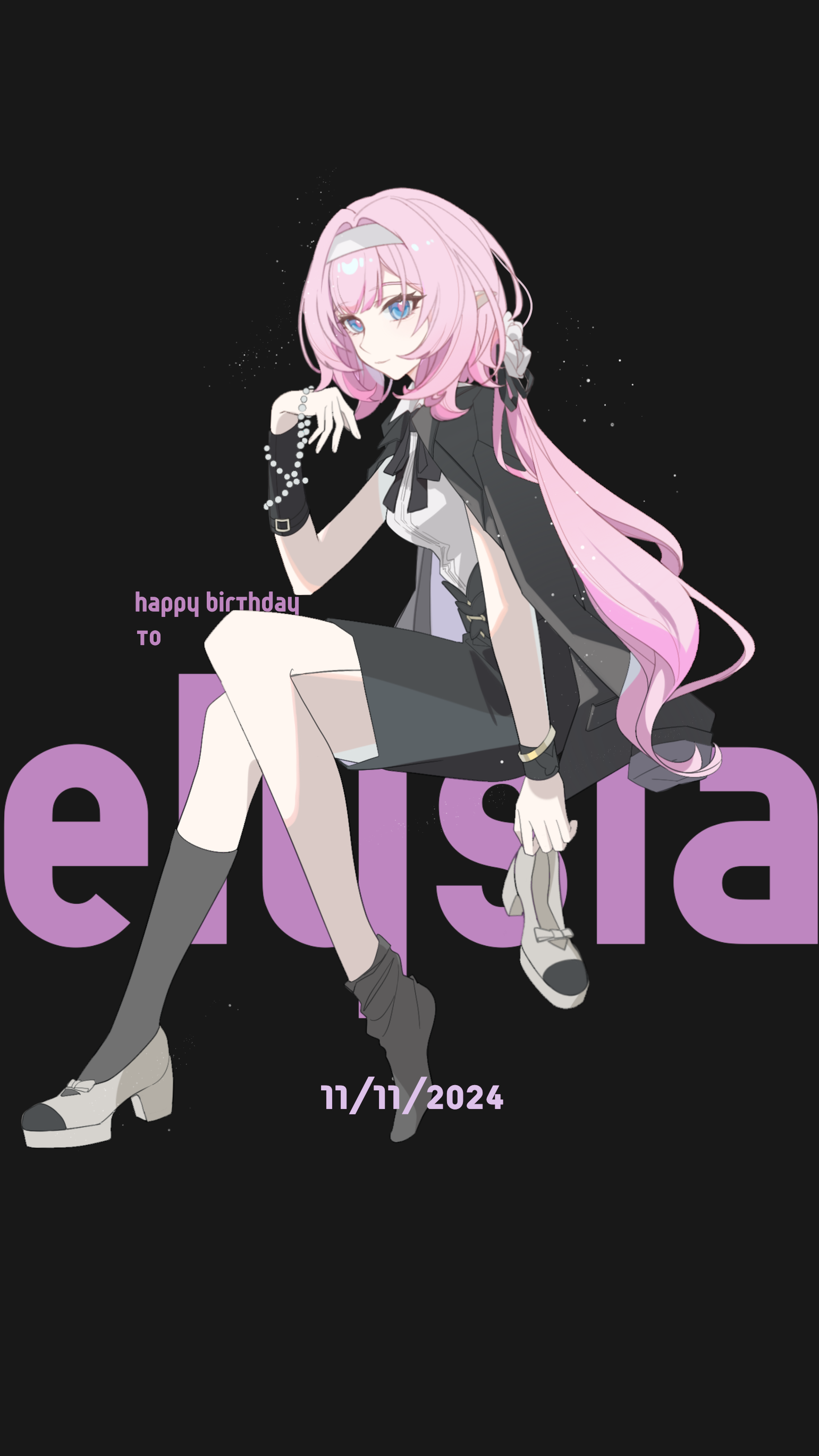 yorumata0v0, elysia (honkai impact), honkai (series), honkai impact 3rd, absurdres, chinese commentary, commentary request, highres, 1girl, alternate costume, black background, black coat, black skirt, blue eyes, character name, coat, crossed legs, dated, elf, english text, grey socks, hairband, happy birthday, high heels, holding, holding shoes, holding unworn clothes, pencil skirt, pink hair, pointy ears, shirt, shoes, single shoe, skirt, socks, solo, unworn shoes, white hairband, white shirt