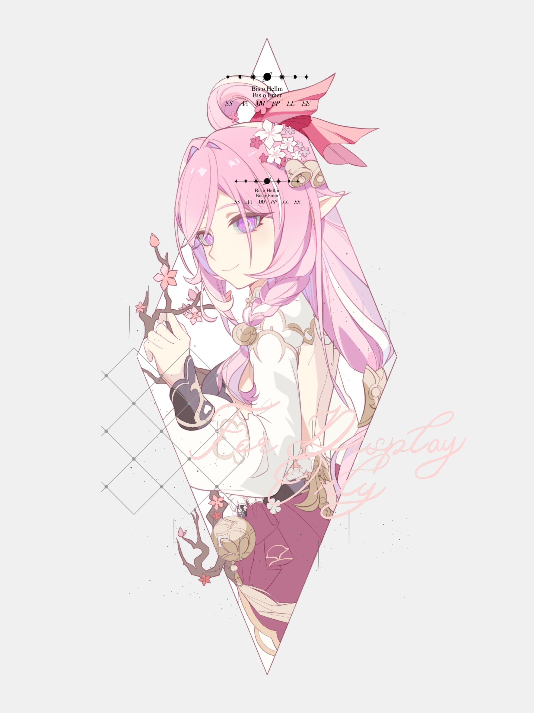 yorumata0v0, elysia (herrscher of human: ego) (honkai impact), elysia (honkai impact), elysia (peachy spring) (honkai impact), honkai (series), honkai impact 3rd, chinese commentary, commentary request, highres, 1girl, back, bell, branch, cherry blossoms, diamond-shaped pupils, diamond (shape), dress, elf, flower, from side, grey background, hair bell, hair flower, hair ornament, long hair, official alternate costume, pink hair, pointy ears, purple eyes, red dress, smile, solo, symbol-shaped pupils