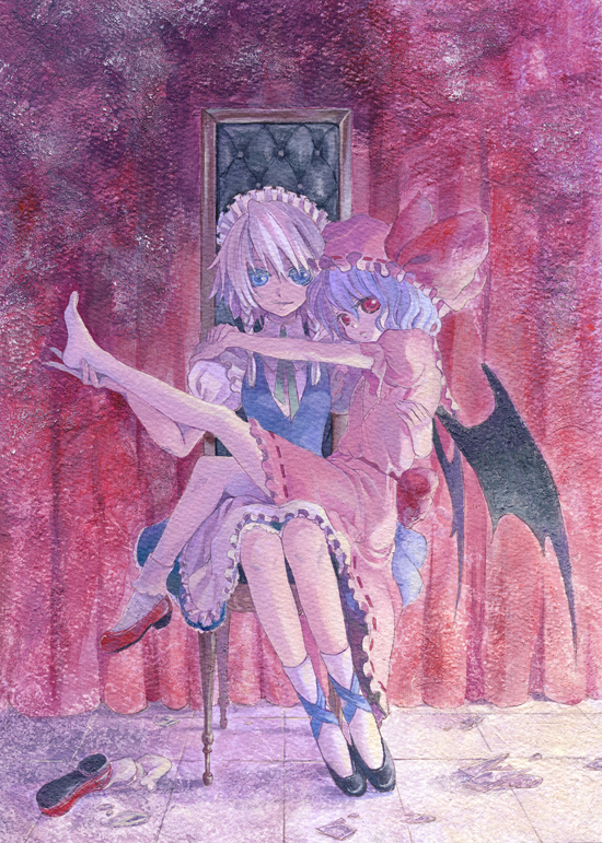 koto (sugerparade), izayoi sakuya, remilia scarlet, touhou, silver hair, acrylic paint (medium), bad id, bad pixiv id, colored pencil (medium), nib pen (medium), painting (medium), pen (medium), traditional media, 2girls, barefoot, bat wings, blue hair, braid, feet, female focus, hairband, hands on feet, hat, maid, multiple girls, red eyes, shoes, short hair, single shoe, single sock, socks, twin braids, wings