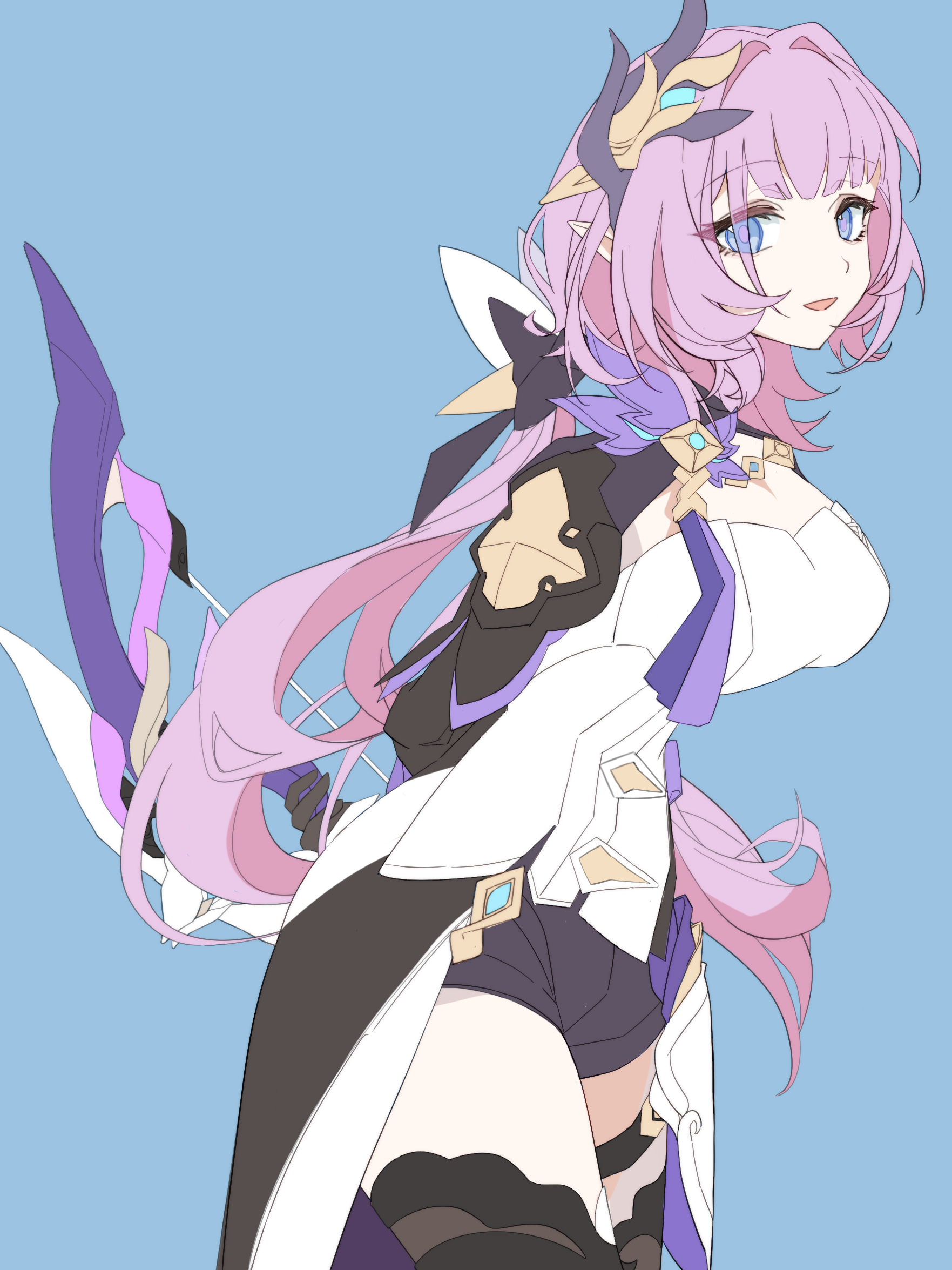 yorumata0v0, elysia (honkai impact), elysia (miss pink elf) (honkai impact), honkai (series), honkai impact 3rd, chinese commentary, commentary, highres, 1girl, arm behind back, black gloves, black shorts, blue background, blue eyes, bow (weapon), breasts, cape, cleavage, corset, cowboy shot, elf, from side, gloves, hair ornament, holding, holding bow (weapon), holding weapon, large breasts, pink hair, pointy ears, short shorts, shorts, solo, thighs, weapon, white corset