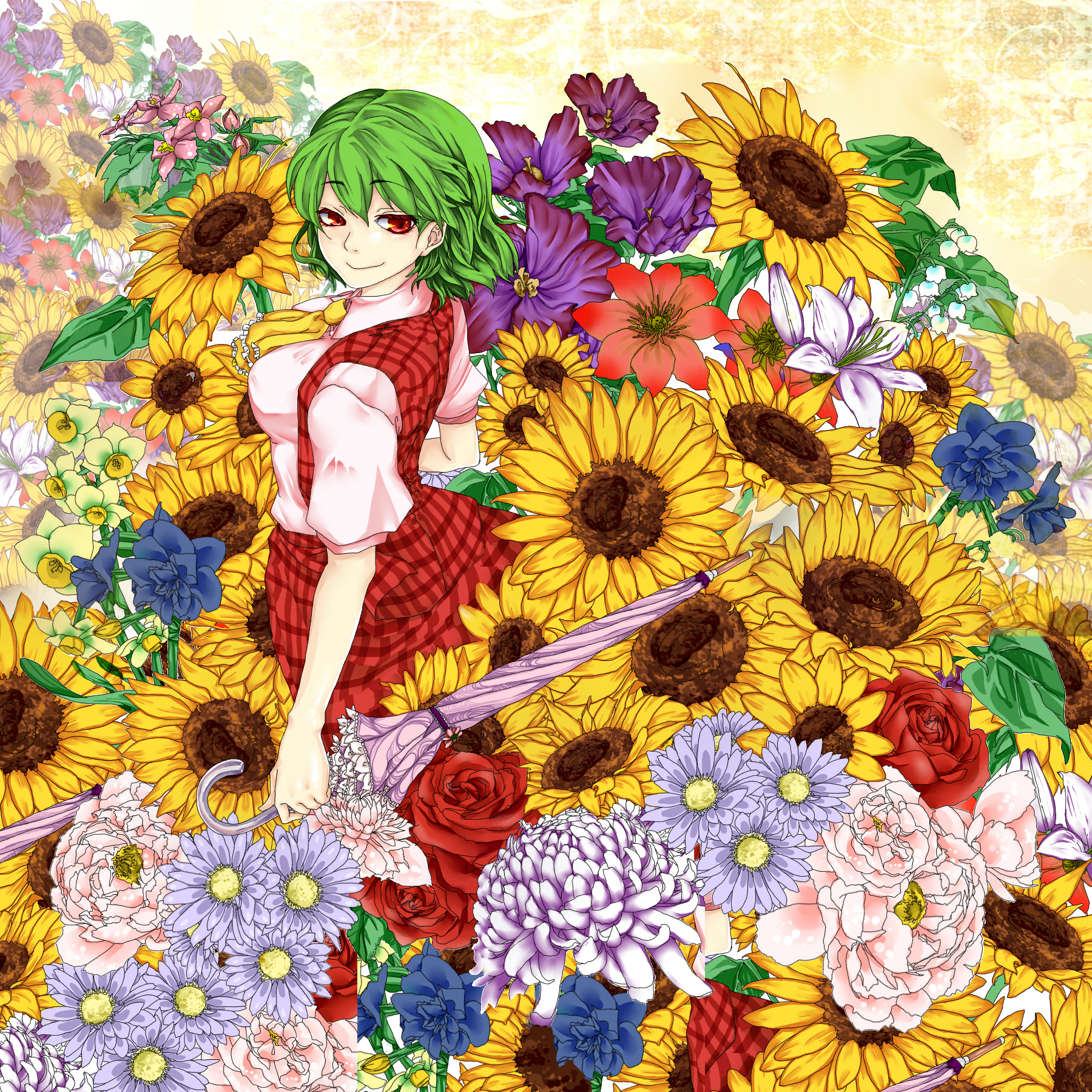 nanami (nanami811), kazami yuuka, touhou, flower request, highres, 1girl, ascot, breasts, chrysanthemum, closed umbrella, daffodil, female focus, flower, from above, green hair, large breasts, lily (flower), lily of the valley, looking back, looking up, plaid clothes, plaid skirt, plaid vest, red eyes, red flower, red rose, rose, short hair, skirt, skirt set, smile, solo, sunflower, umbrella, vest, violet (flower)
