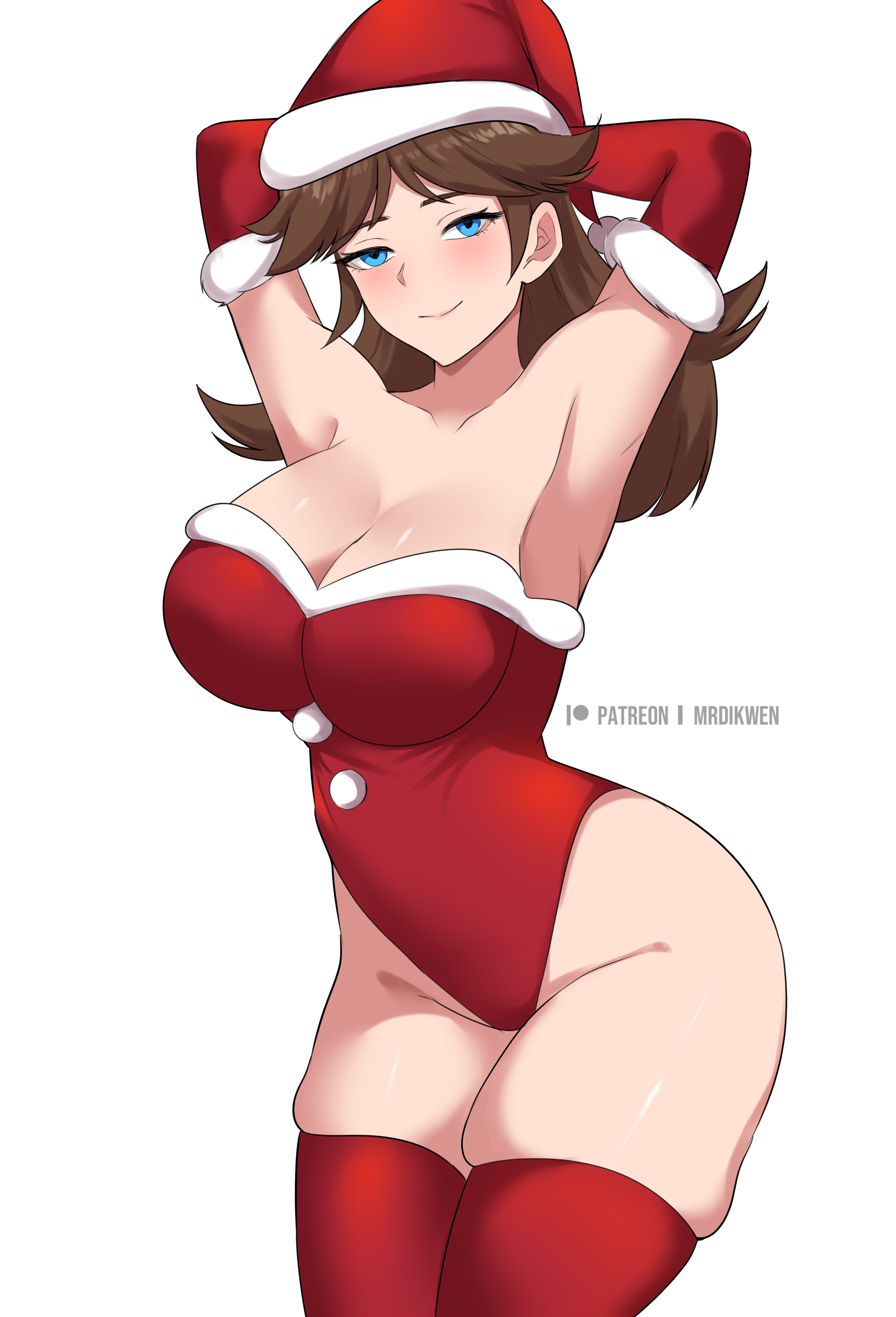 princess daisy, mario (series), nintendo, super mario bros. wonder, super mario land, absurdres, highres, non-web source, 1girl, arms behind back, blue eyes, breasts, brown hair, christmas, cleavage, earrings, flipped hair, flower earrings, gloves, grin, hat, jewelry, legs, looking at viewer, santa costume, santa hat, shiny skin, smile, standing, tomboy