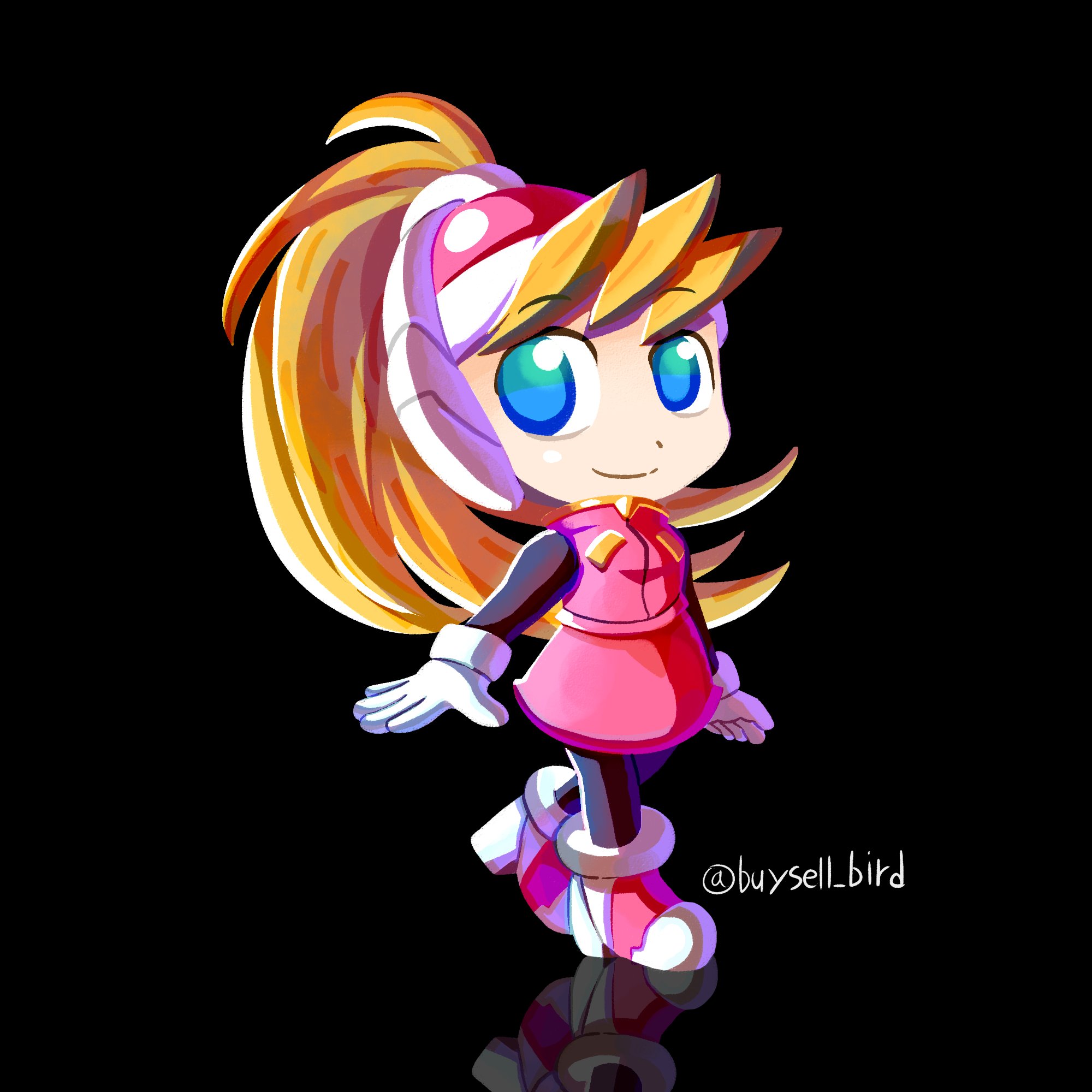 buysell bird, ciel (mega man), mega man (series), mega man zero (series), highres, tagme, 1girl, armor, blonde hair, blue eyes, bodystocking, breasts, chibi, full body, gloves, helmet, high ponytail, long hair, ponytail, reflection, reflective floor, simple background, skirt, small breasts, smile, solo, standing, twitter username