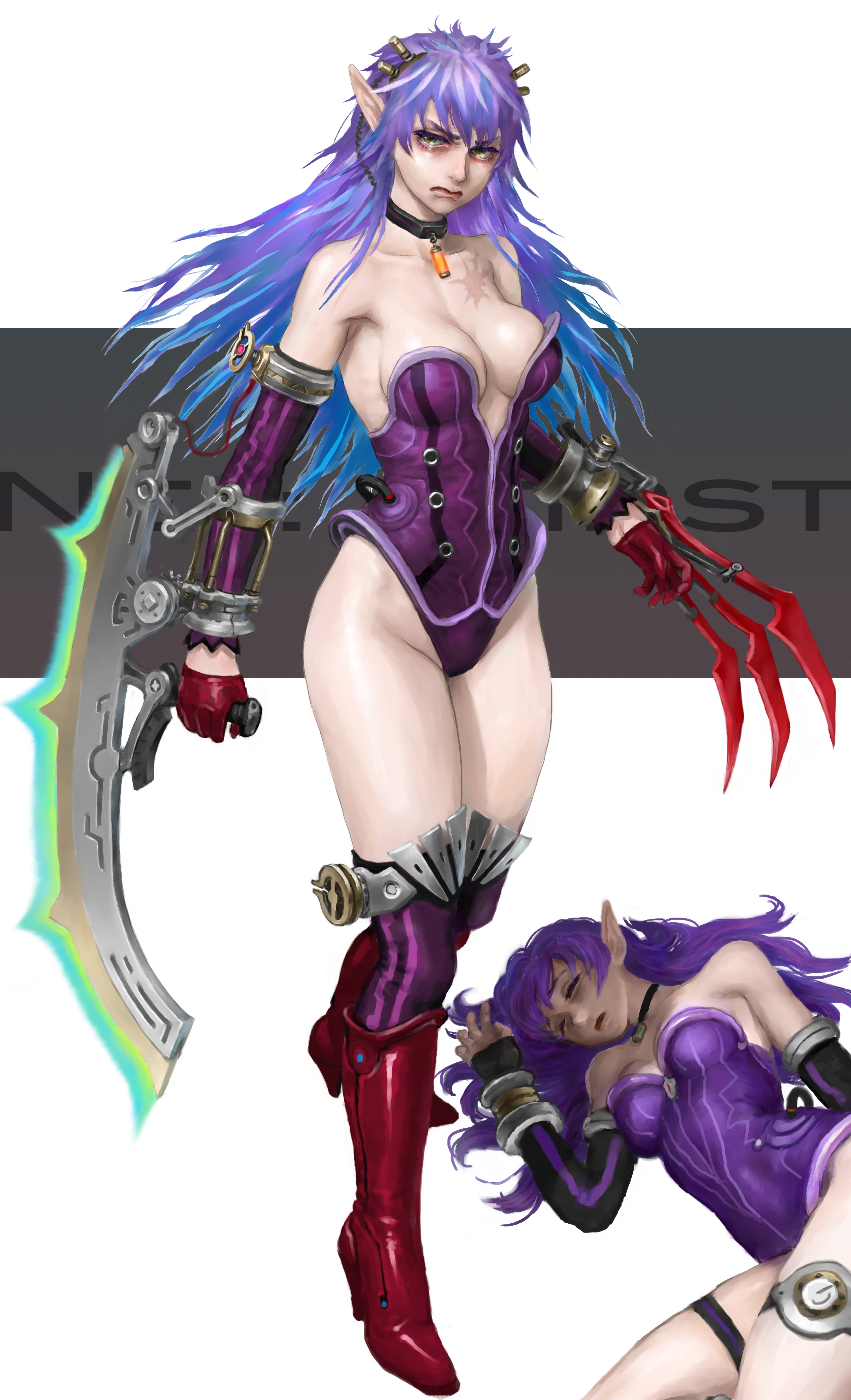 gonome, nei, phantasy star, phantasy star ii, absurdres, commentary request, highres, 2girls, arm blade, black collar, black sleeves, blue hair, bodice, boots, breasts, claw (weapon), collar, copyright name, detached sleeves, dual persona, frown, full body, gloves, green eyes, large breasts, leotard, long hair, long pointy ears, looking at viewer, lying, messy hair, multicolored hair, multiple girls, pointy ears, purple hair, purple leotard, red boots, red gloves, scar, scar on chest, solo focus, standing, strapless, strapless leotard, two-tone hair, weapon