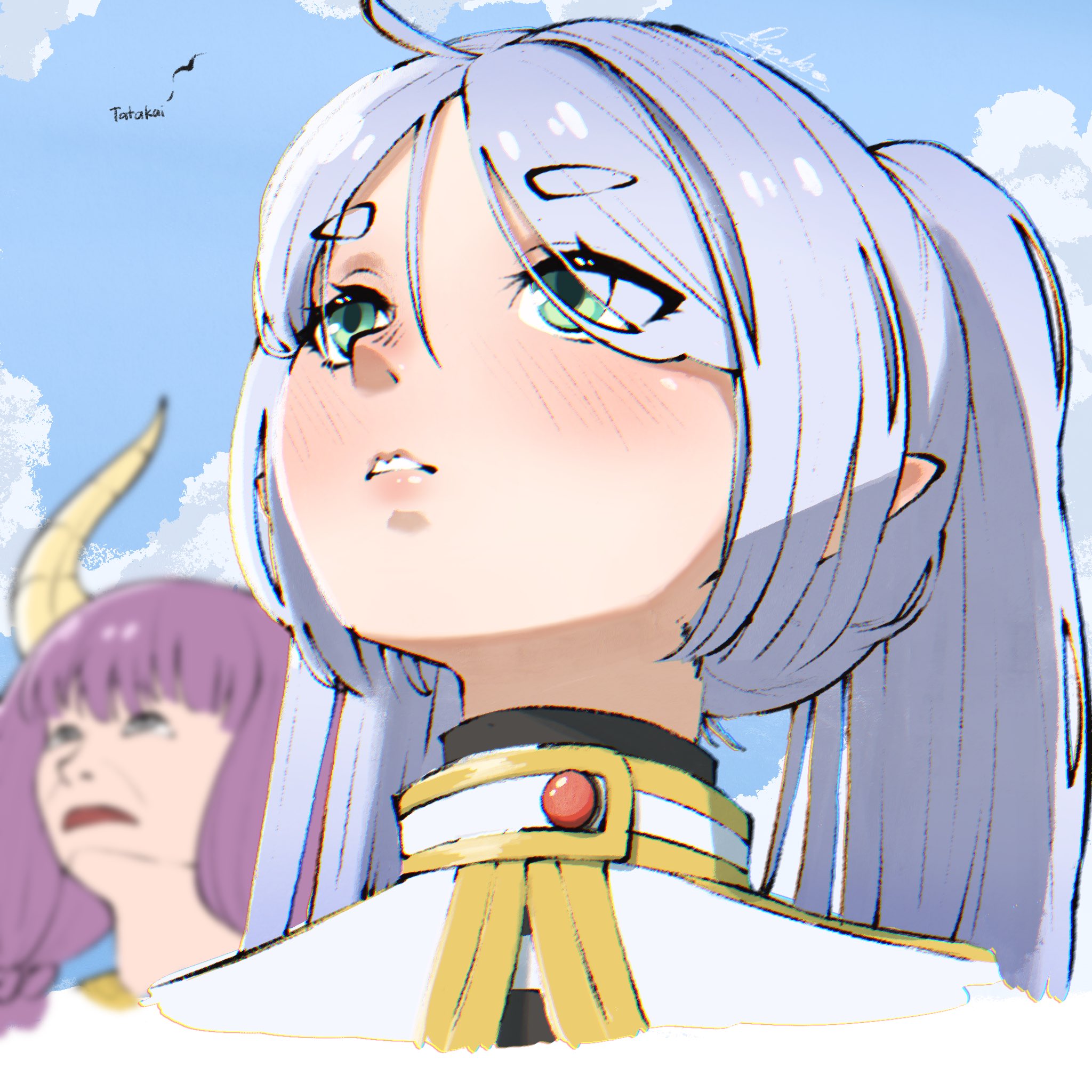 aura (sousou no frieren), frieren, sousou no frieren, commentary request, highres, tagme, 2girls, blush, english text, green eyes, grey hair, head tilt, meme, multiple girls, purple hair, ryouko c, upper body, upward angle frieren drawing (meme)
