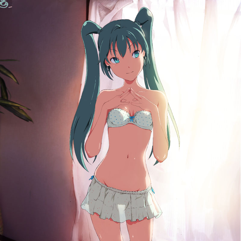 shiika sadamasa, hatsune miku, vocaloid, looking away, jpeg artifacts, 1girl, aqua eyes, aqua hair, bra, breasts, female focus, lingerie, long hair, navel, no panties, see-through clothes, see-through silhouette, skirt, small breasts, smile, solo, steepled fingers, strapless, strapless bra, thigh gap, tsurime, twintails, underwear