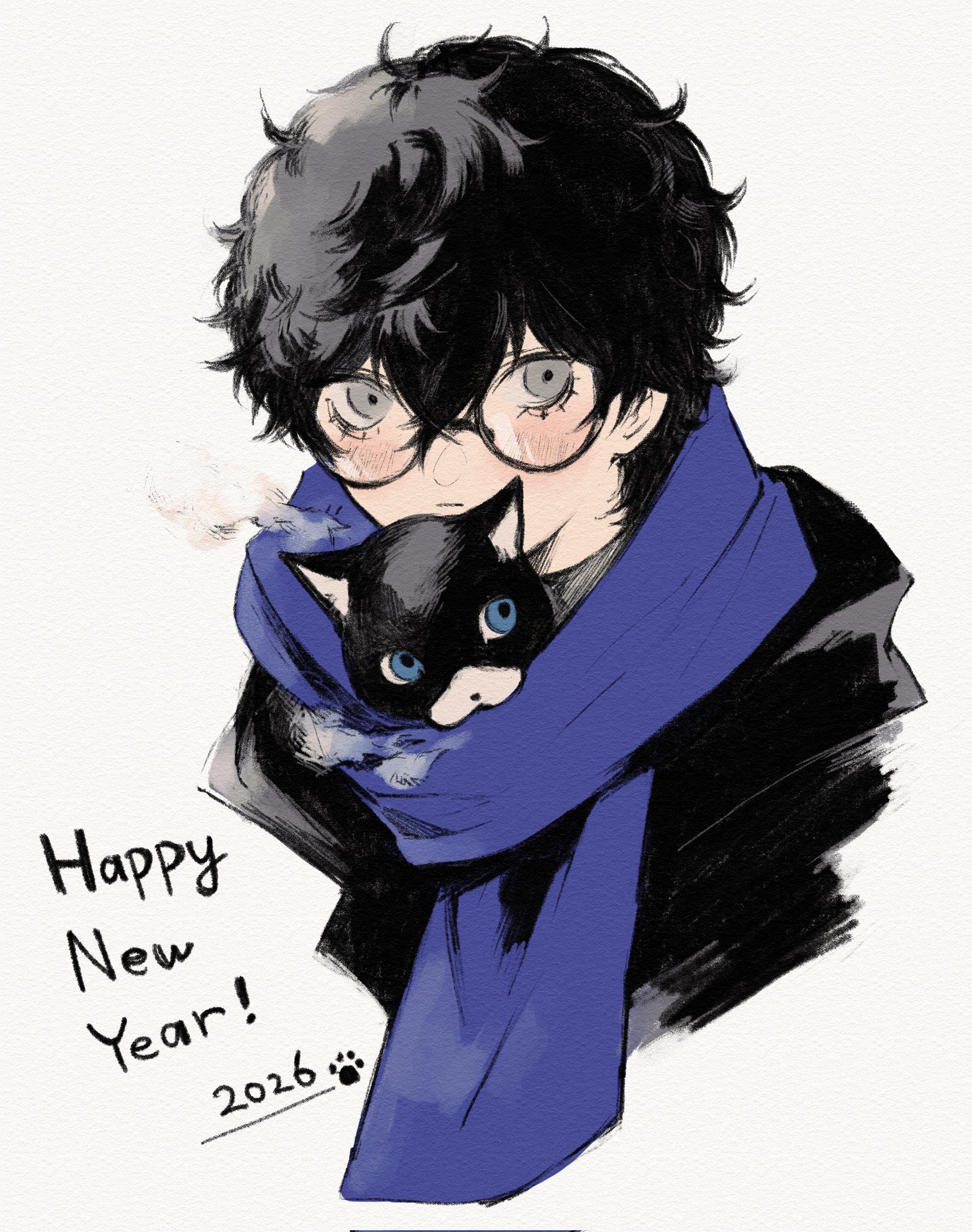 saichuu (more1208), amamiya ren, morgana (cat) (persona 5), morgana (persona 5), persona, persona 5, commentary request, highres, 1boy, 2026, animal, black-framed eyewear, black hair, black jacket, blue eyes, blue scarf, breath, cat, cropped shoulders, glasses, grey eyes, hair between eyes, happy new year, jacket, looking to the side, male focus, new year, scarf, short hair, sideways glance