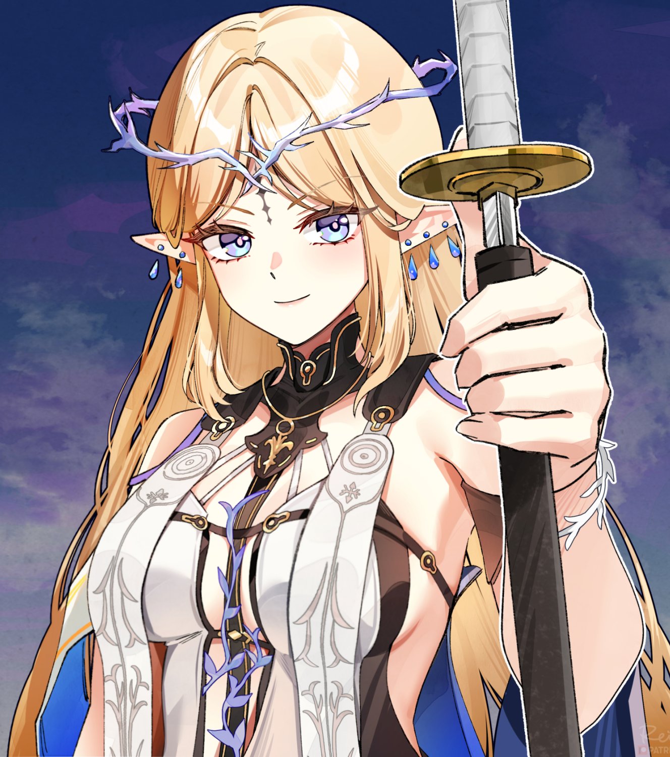 foxyreine, cartethyia (wuthering waves), devil may cry (series), devil may cry 5, wuthering waves, commentary, english commentary, highres, revision, 1girl, black collar, blonde hair, blue eyes, breasts, closed mouth, collar, crown of thorns, drawing sword, earrings, holding, holding sword, holding weapon, jewelry, katana, long hair, looking at viewer, medium breasts, necklace, parted bangs, pointy ears, pose imitation, scabbard, sheath, sidelocks, signature, smile, solo, sword, tabard, tacet mark (wuthering waves), unsheathing, upper body, very long hair, watermark, weapon, web address, white tabard, yamato (sword)