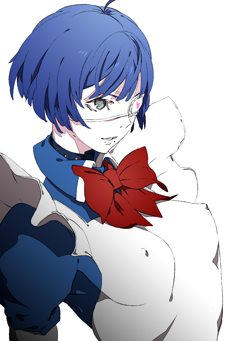 bthx, ryomou shimei, ikkitousen, bad id, bad pixiv id, 00s, 1girl, apron, blue hair, breasts, collar, covered erect nipples, eyepatch, female focus, heart, ribbon, short hair, small breasts, solo