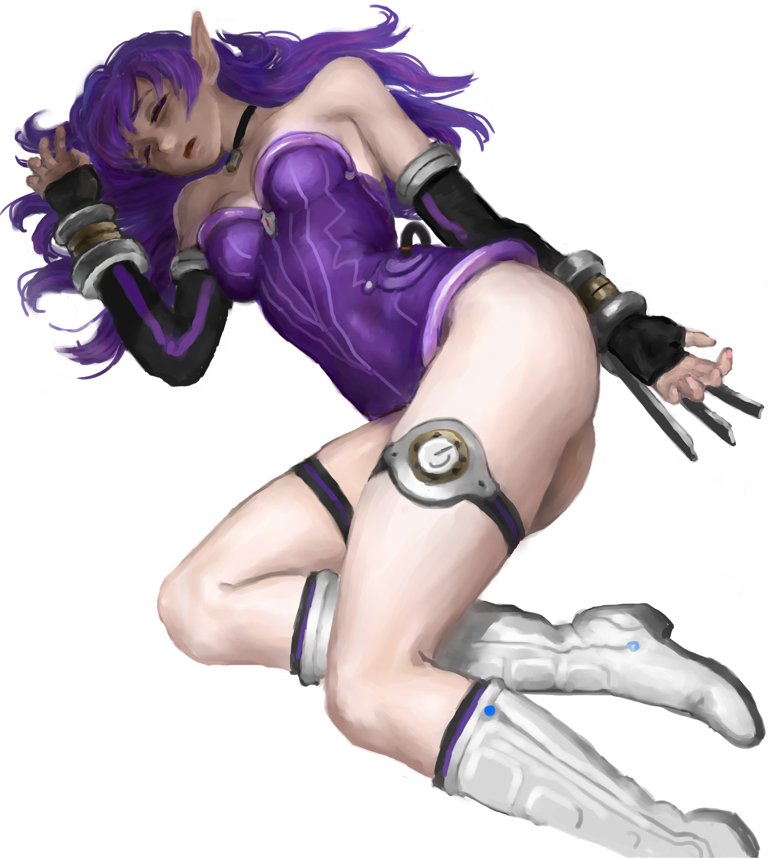 gonome, nei, phantasy star, phantasy star ii, absurdres, commentary request, highres, 1girl, bare shoulders, black choker, black gloves, boots, breasts, choker, claw (weapon), closed eyes, elbow gloves, full body, gloves, leotard, long hair, long pointy ears, lying, open mouth, pointy ears, purple hair, purple leotard, solo, strapless, strapless leotard, thigh strap, unconscious, weapon, white boots