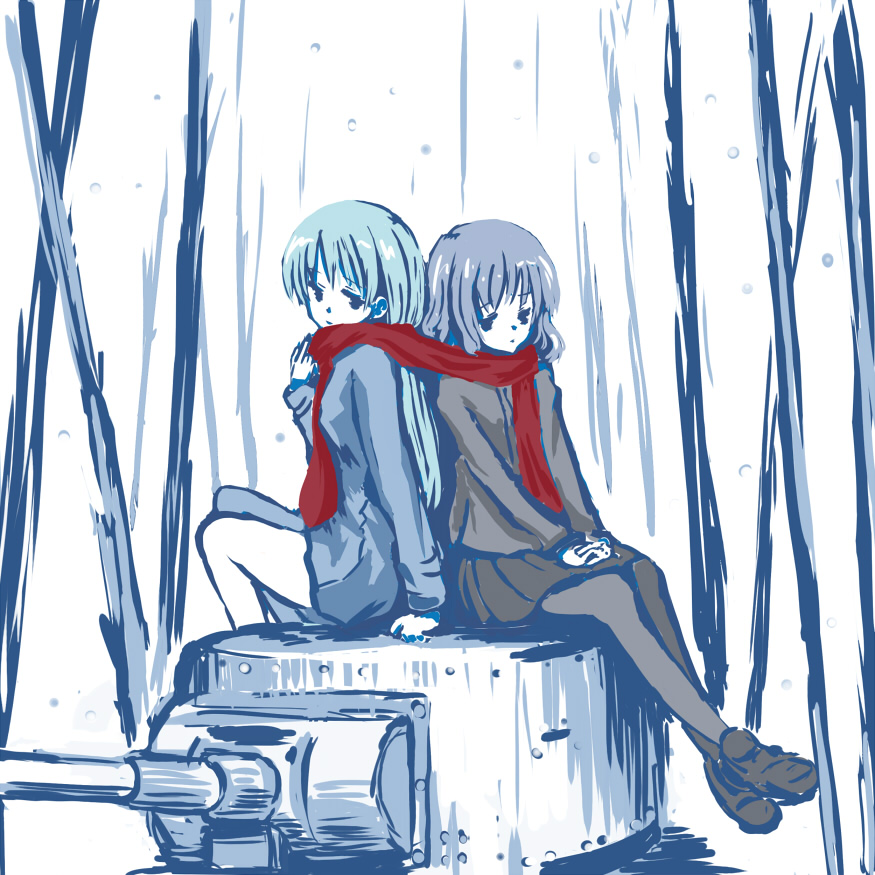 qnc10, eila ilmatar juutilainen, sanya v. litvyak, strike witches, world witches series, vehicle, bad id, bad pixiv id, 00s, 2girls, black pantyhose, military, military vehicle, motor vehicle, multiple girls, pantyhose, scarf, shared clothes, shared scarf, snow, tank, white pantyhose