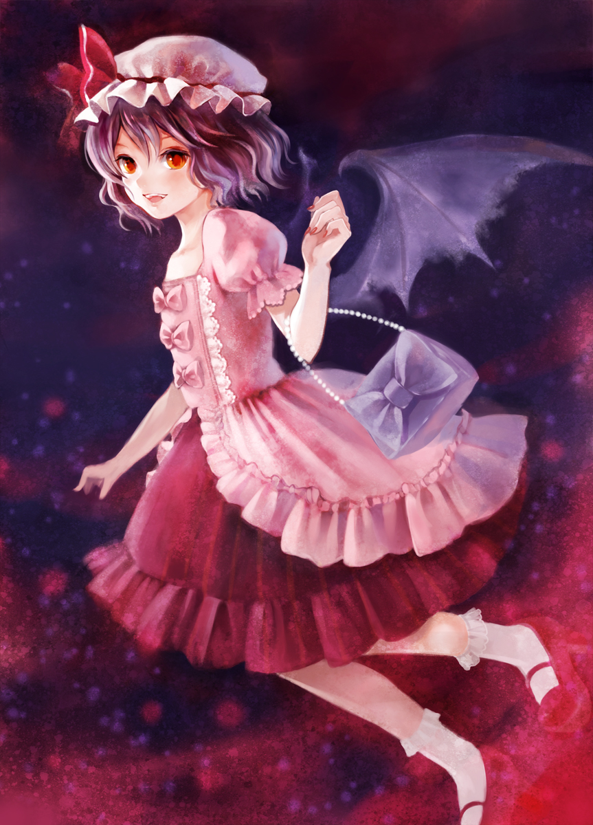 fukahire (ruinon), remilia scarlet, touhou, bad id, bad pixiv id, highres, 1girl, alternate costume, bag, bat wings, fangs, female focus, handbag, hat, nail polish, purple hair, red eyes, red nails, shoes, short hair, smile, solo, wings