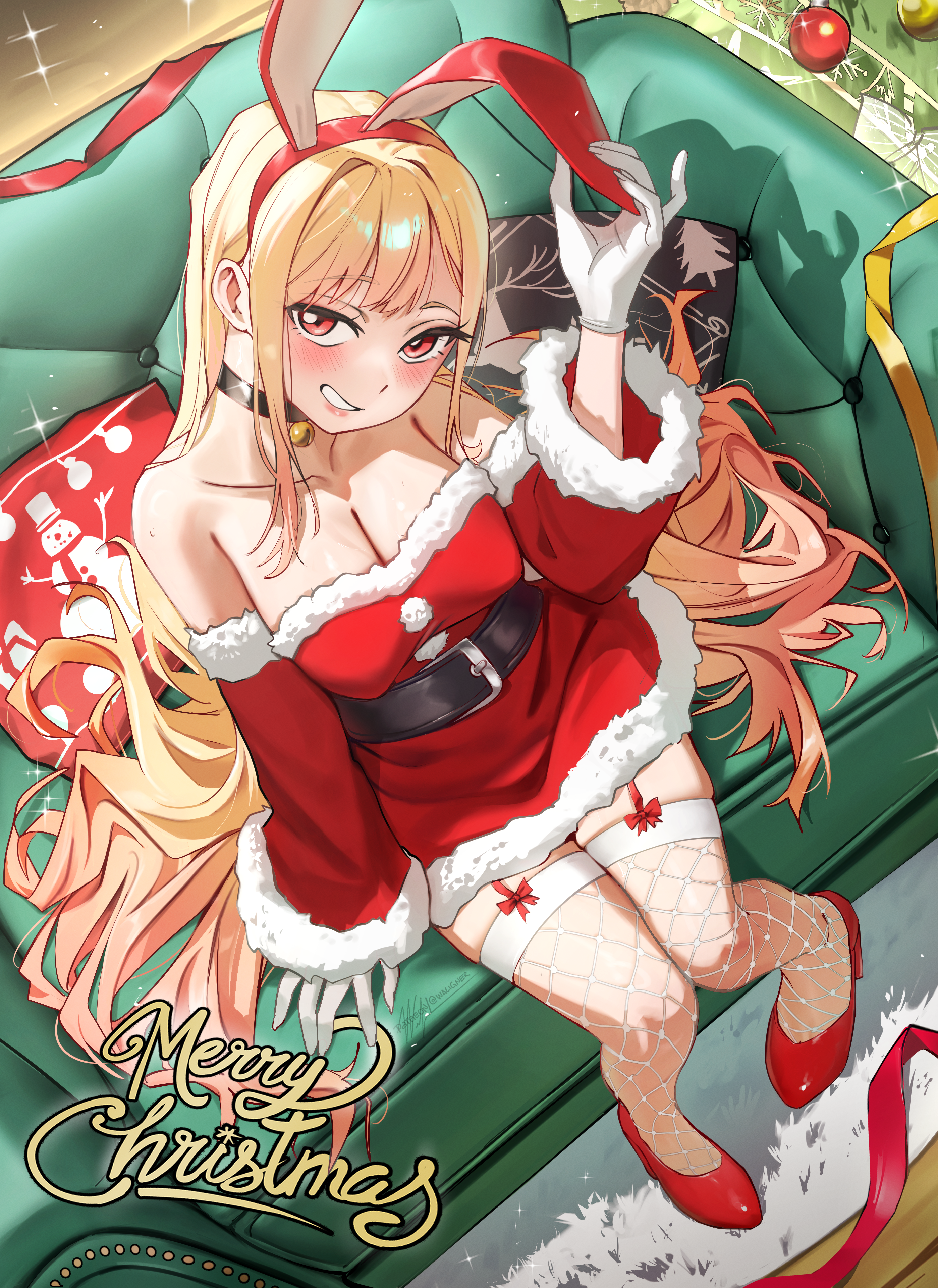waligner, kitagawa marin, sono bisque doll wa koi wo suru, absurdres, commentary, english commentary, highres, 1girl, animal ears, blonde hair, blush, breasts, christmas, dress, fake animal ears, fishnet thighhighs, fishnets, from above, garter straps, gloves, grin, hair spread out, large breasts, long hair, rabbit ears, red dress, red eyes, red shoes, santa costume, santa dress, shoes, sitting, smile, solo, thighhighs, very long hair, white gloves, white thighhighs