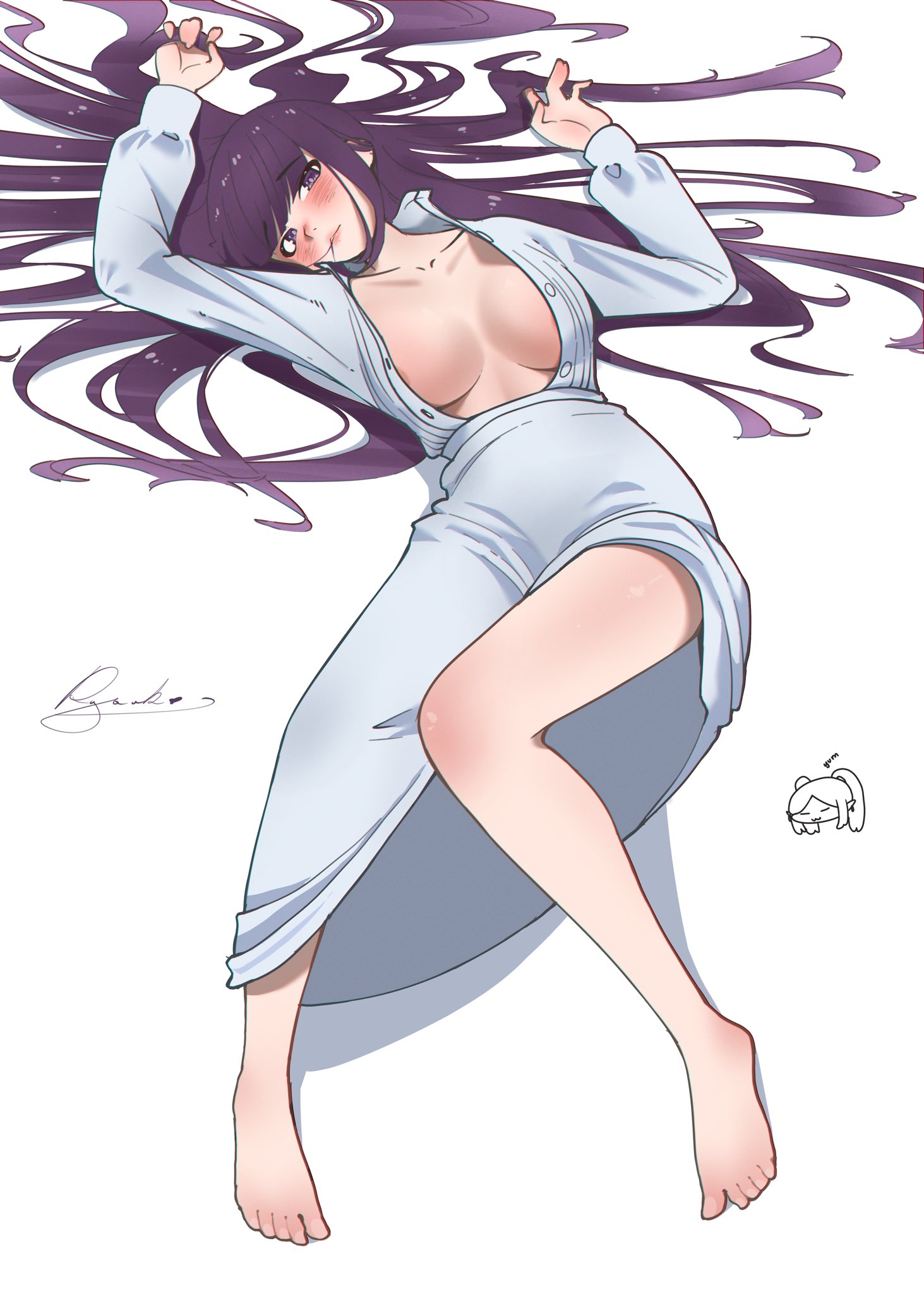 fern (sousou no frieren), sousou no frieren, commentary, english commentary, highres, 1girl, artist name, barefoot, blush, breasts, full body, long hair, lying, on back, open clothes, ryouko c, solo