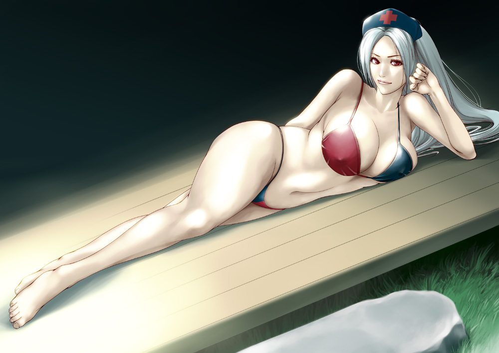konton, yagokoro eirin, touhou, silver hair, 1girl, adapted costume, barefoot, bikini, breasts, covered erect nipples, curvy, feet, female focus, fingernails, hat, hip focus, huge breasts, legs, long hair, long legs, lying, mature female, nail (hardware), navel, nipples, on side, pale skin, red eyes, solo, swimsuit, thick thighs, thighs, wide hips