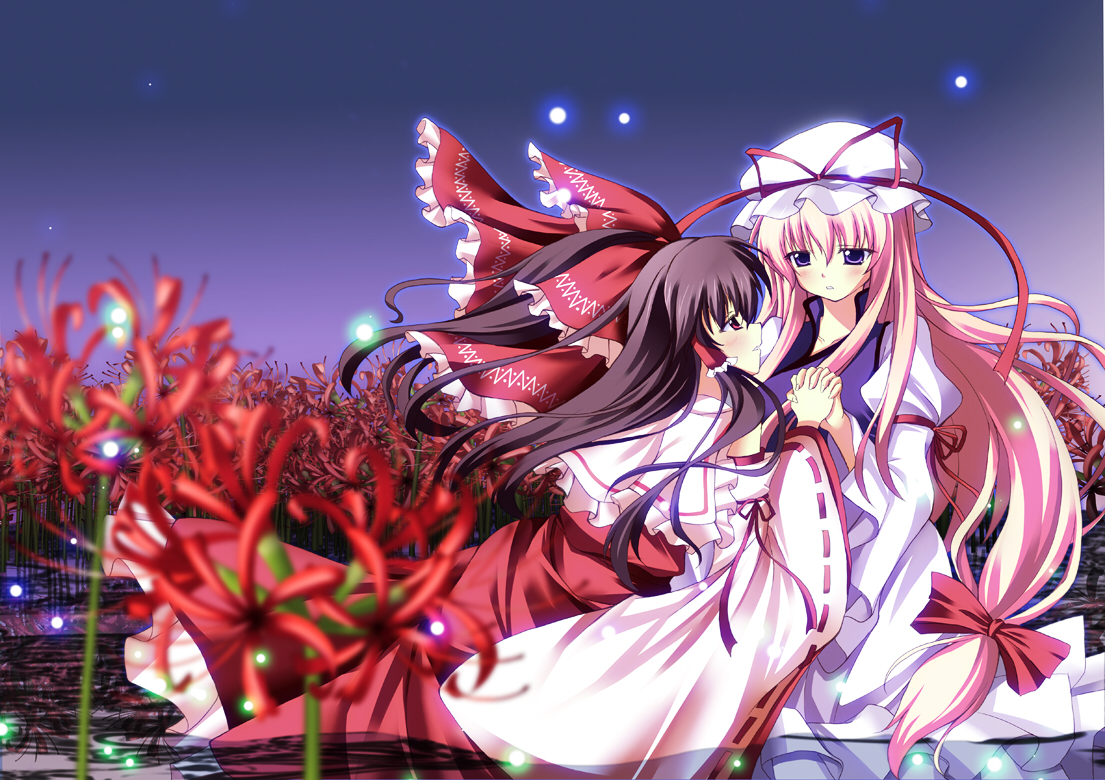 a flow, hakurei reimu, yakumo yukari, touhou, bad id, bad pixiv id, 2girls, blonde hair, bow, brown hair, detached sleeves, female focus, flower, half updo, hat, japanese clothes, long hair, miko, multiple girls, purple eyes, red flower, ribbon, spider lily