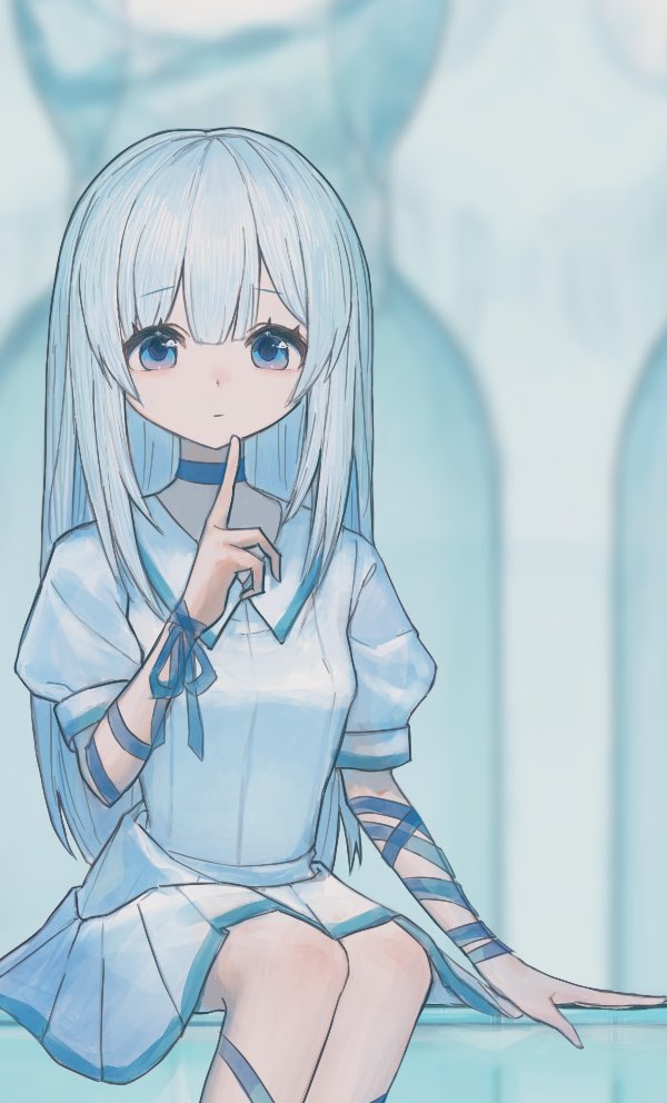 okubatomaeba, original, 1girl, arm ribbon, arm support, blue choker, blue eyes, blue ribbon, blurry, blurry background, breasts, choker, closed mouth, cowboy shot, double-parted bangs, dress, hand up, index finger raised, long hair, looking at viewer, puffy short sleeves, puffy sleeves, ribbon, short sleeves, sitting, small breasts, solo, white dress, white hair