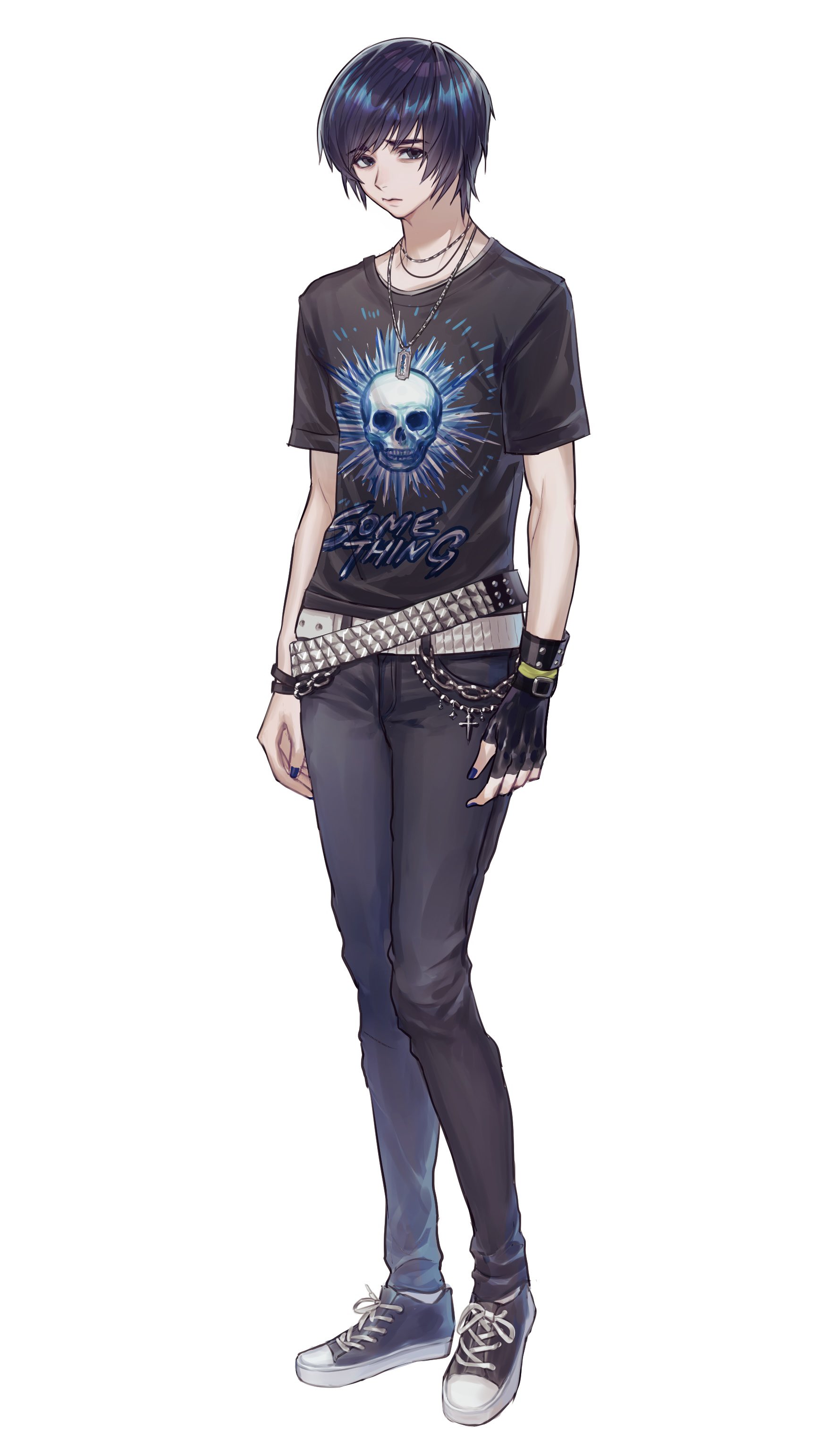 okubatomaeba, original, absurdres, commentary request, highres, 1boy, belt, black eyes, black gloves, black hair, black nails, black pants, black shirt, black shoes, closed mouth, clothes writing, fingerless gloves, fingernails, full body, gloves, grey belt, jewelry, looking at viewer, male focus, nail polish, necklace, pants, print shirt, razor blade, razor blade necklace, shirt, shoes, short hair, short sleeves, simple background, single glove, skull print, solo, studded belt, swept bangs, white background