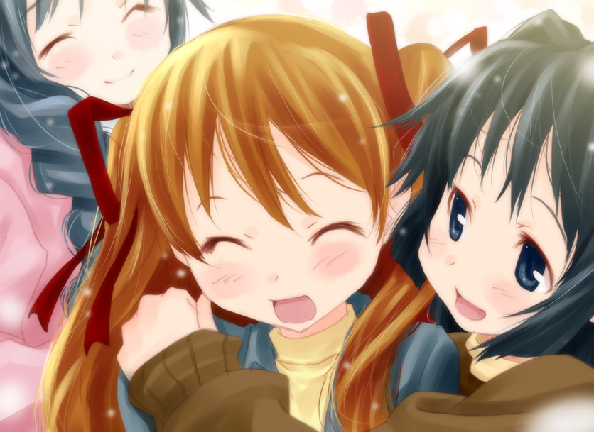 wadapen, minase akiko, minase nayuki, sawatari makoto, kanon, blue eyes, blue hair, braid, brown hair, closed eyes, eyes closed, hug, long hair, twintails