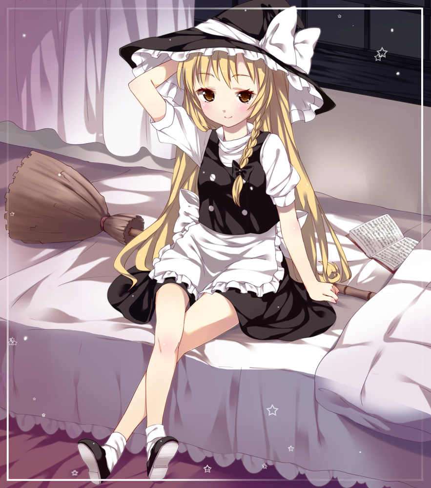 subachi, kirisame marisa, touhou, bad id, bad pixiv id, 1girl, arm behind head, bamboo broom, bed, blonde hair, book, border, braid, broom, brown eyes, buttons, crossed legs, dress, female focus, hair ribbon, hat, open book, parody, ribbon, shoes, sitting, smile, socks, solo, star (symbol), style parody, window, witch, witch hat