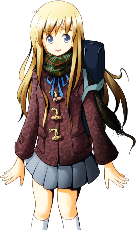 ruu (tksymkw), kotobuki tsumugi, k-on!, 00s, 1girl, bag, blonde hair, blue eyes, coat, duffel coat, female focus, long hair, scarf, school uniform, solo