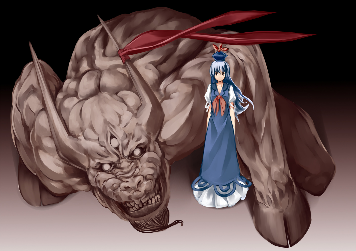 pino (birthdayparty), pino (pixiv), kamishirasawa keine, touhou, blue hair, hakutaku, hat, horns, long hair, monster, solo