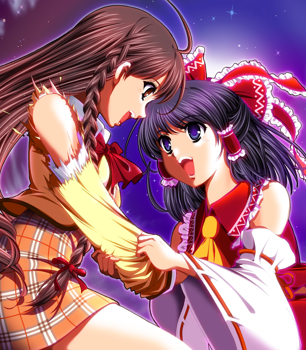 eigi, hakurei reimu, karen (sister princess), sister princess, touhou, highres, 00s, 2girls, black hair, blue eyes, bow, braid, brown eyes, brown hair, clothes grab, crossover, detached sleeves, hair bow, half updo, japanese clothes, long hair, miko, motion blur, multiple girls, sleeve grab, tearing clothes, torn clothes, twin braids