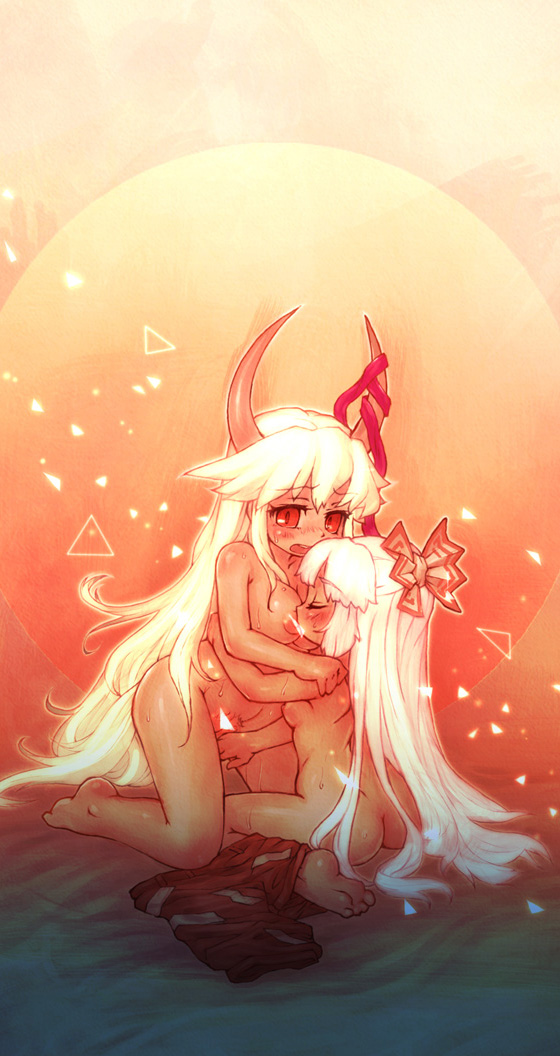 sankuma, ex-keine, fujiwara no mokou, kamishirasawa keine, touhou, 2girls, barefoot, blush, bow, breast sucking, breasts, censored, convenient censoring, couple, female focus, hair bow, horns, large breasts, long hair, multiple girls, nude, red eyes, small breasts, tail, white hair, yuri