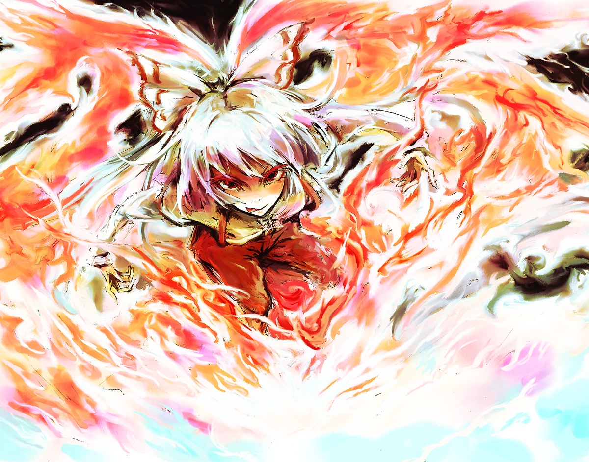 a s, ast, ast (artist), fujiwara no mokou, touhou, silver hair, bad id, bad pixiv id, 1girl, :q, bow, colored eyelashes, eyelashes, female focus, fiery wings, fire, hair bow, hair ribbon, long hair, looking at viewer, ribbon, solo, suspenders, tongue, tongue out, wings