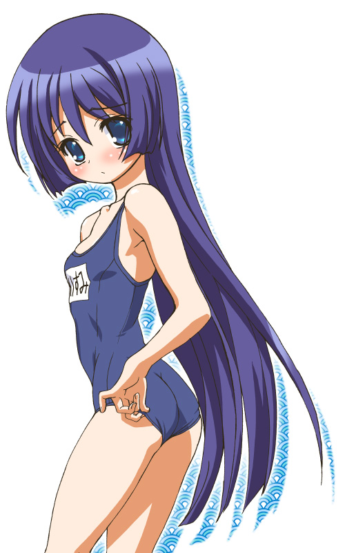 gambler club, kohsaka jun, saginomiya isumi, hayate no gotoku!, 00s, 1girl, adjusting clothes, adjusting swimsuit, ass, blue eyes, blue hair, blush, female focus, flat chest, long hair, matching hair/eyes, one-piece swimsuit, school swimsuit, solo, swimsuit, very long hair