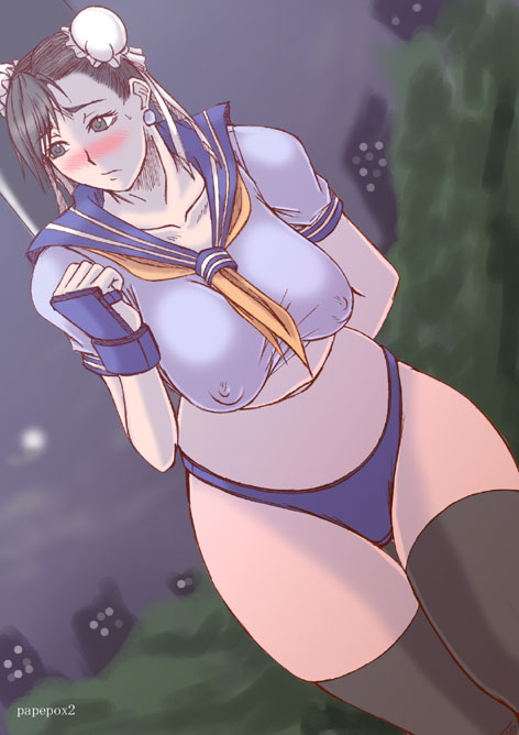papepox2, chun-li, capcom, street fighter, blue panties, blush, breasts, brown eyes, brown hair, curvy, double bun, large breasts, nipples, panties, school uniform, underwear