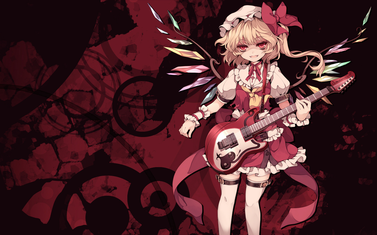 uruu gekka, flandre scarlet, touhou, 1girl, blonde hair, blouse, collared shirt, female focus, guitar, hat, instrument, mob cap, ponytail, red eyes, shirt, short hair, side ponytail, solo, standing, thighhighs, white hat, white shirt, white thighhighs, wings