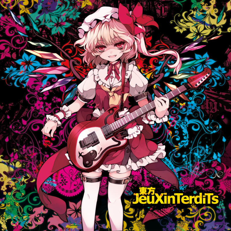 uruu gekka, flandre scarlet, iosys, touhou, 1girl, album cover, blonde hair, blouse, collared shirt, colorful background, cover, female focus, french text, guitar, hat, instrument, mob cap, ponytail, red eyes, shirt, short hair, side ponytail, solo, thighhighs, white hat, white shirt, white thighhighs, wings